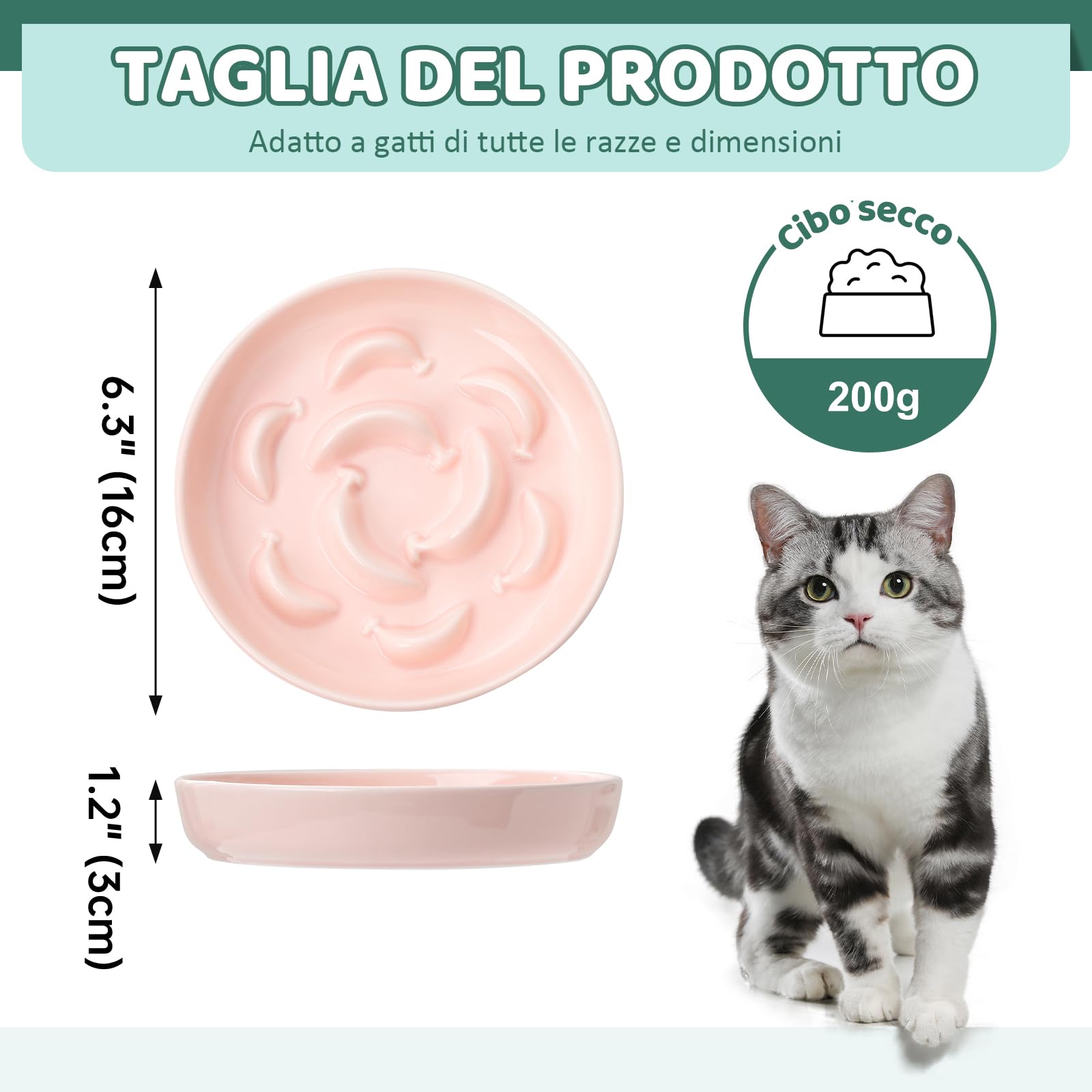 Ciotola Anti Ingozzamento Gatto Ceramica Alimentazione Lenta Pastello Lavabile in Lavastoviglie Rosa Chiaro 16x3 cm