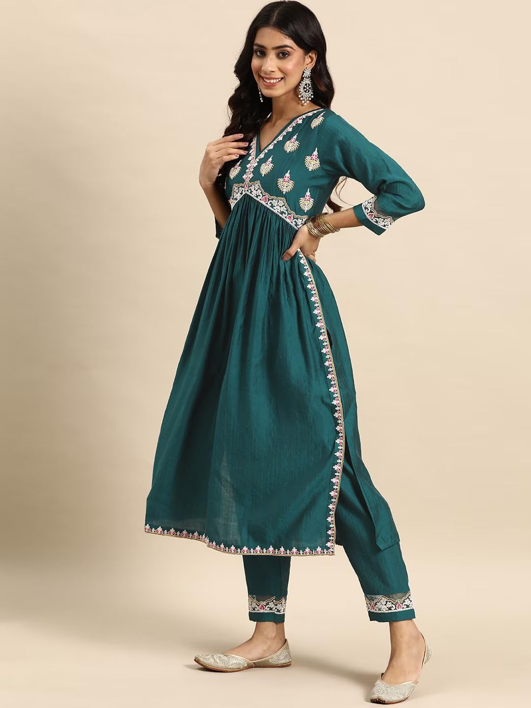 Amayra Women's Embroidered Alia Cut Kurta With Pant (Green, Xxl, Rayon) 3