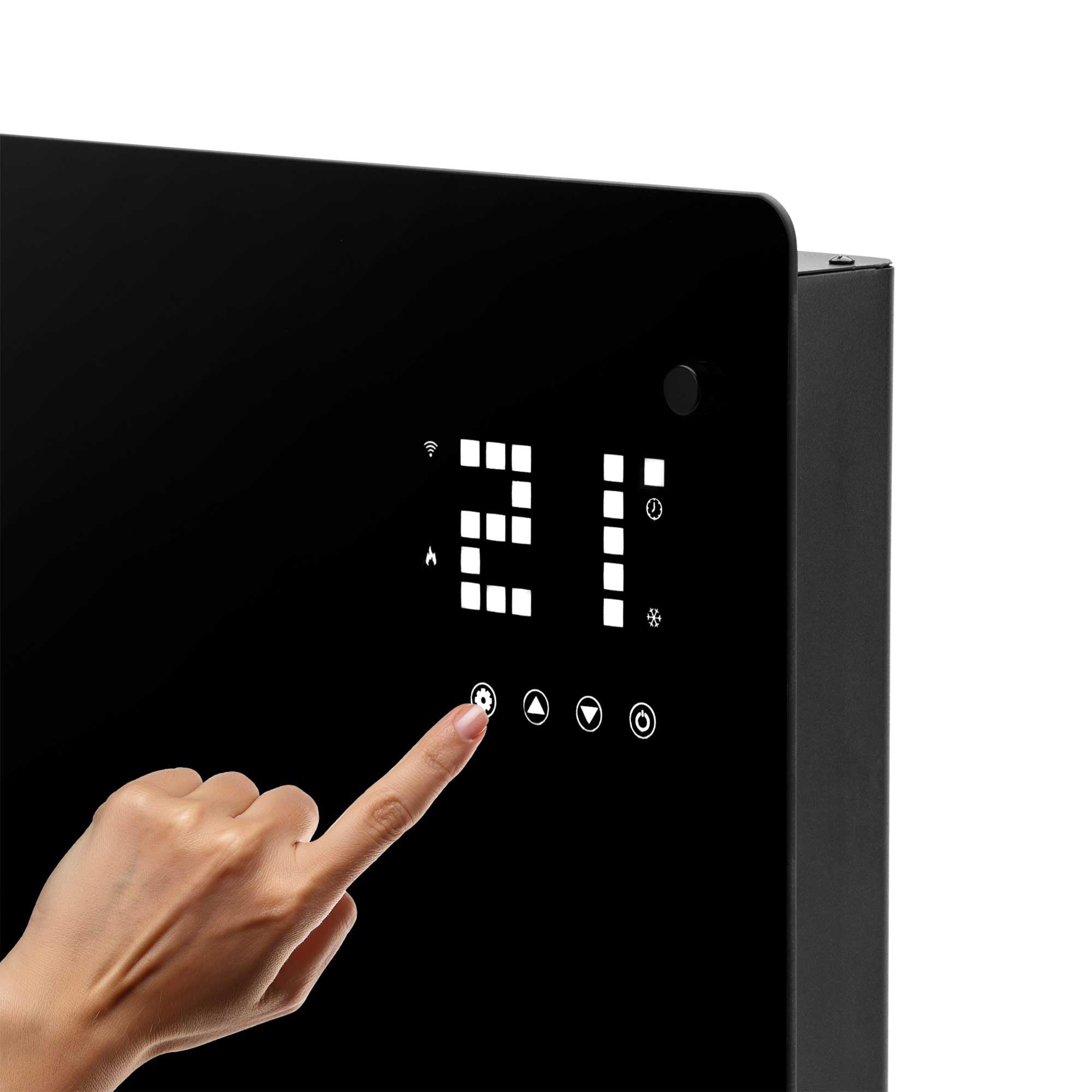 JATA JCRW2520 - Radiador Eléctrico WIFI Bajo Consumo Cristal 2000 W. 5-50ºC. 2 Potencias. Temporizador 24h. Instalación pared o suelo. 77x77x38,5cm. Conectividad WIFI y APP