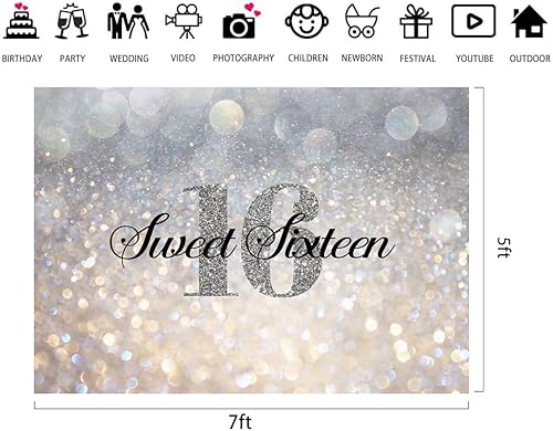 Miniatura 7 de Lofaris Telón de fondo brillante para fiesta de cumpleaños número 16, color plateado y blanco, Bokeh con puntos dorados, fondo de princesa de