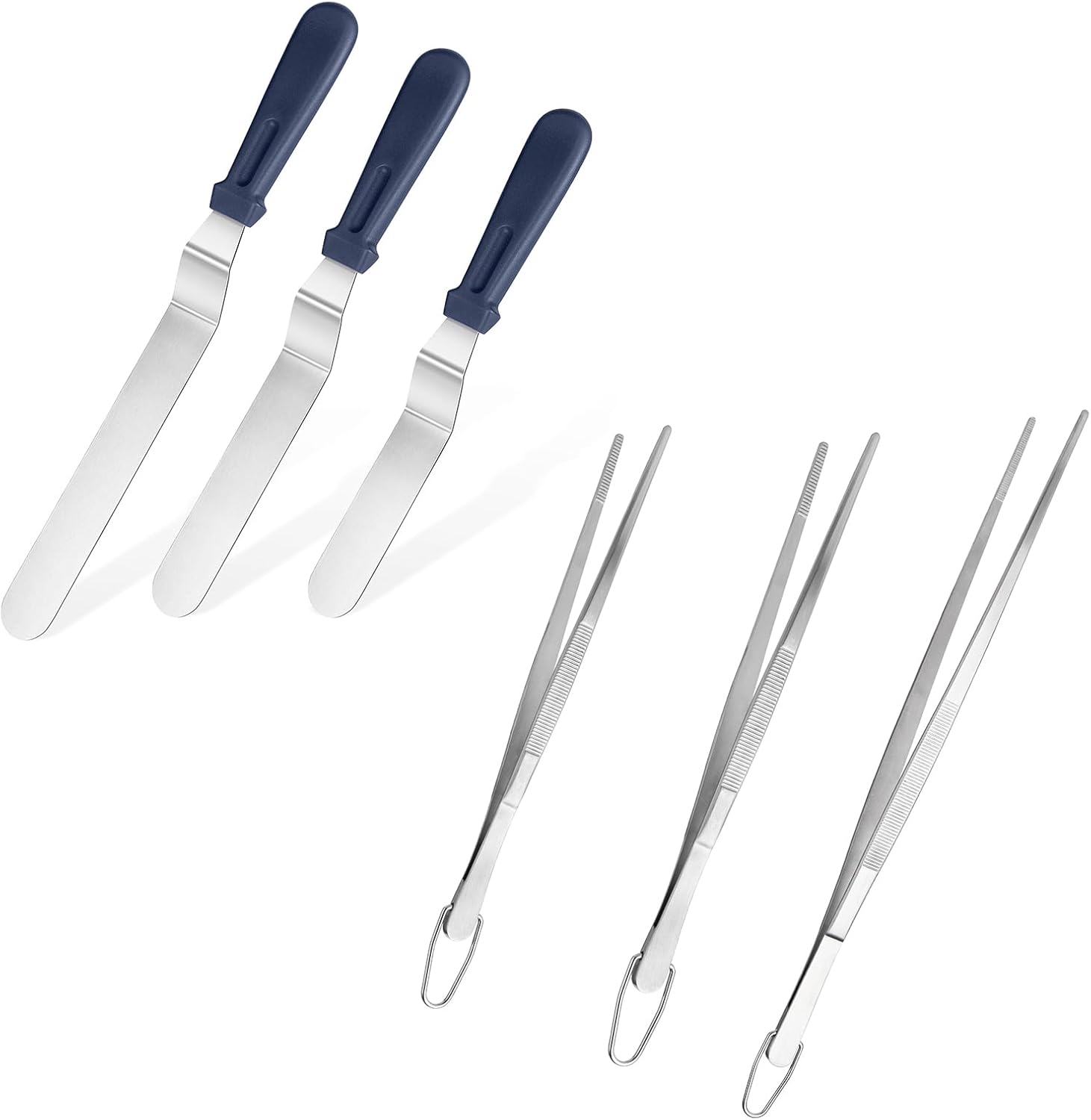 Icing Spatula, U-Taste Stainless Steel Angled Cake Decorating Frosting Spatula Set of 3 (Midnight Blue), and 8"+10"+12" Kitchen Cooking Tweezer: 18/8 Stainless Steel Metal Food Tong (Pointed Tip)