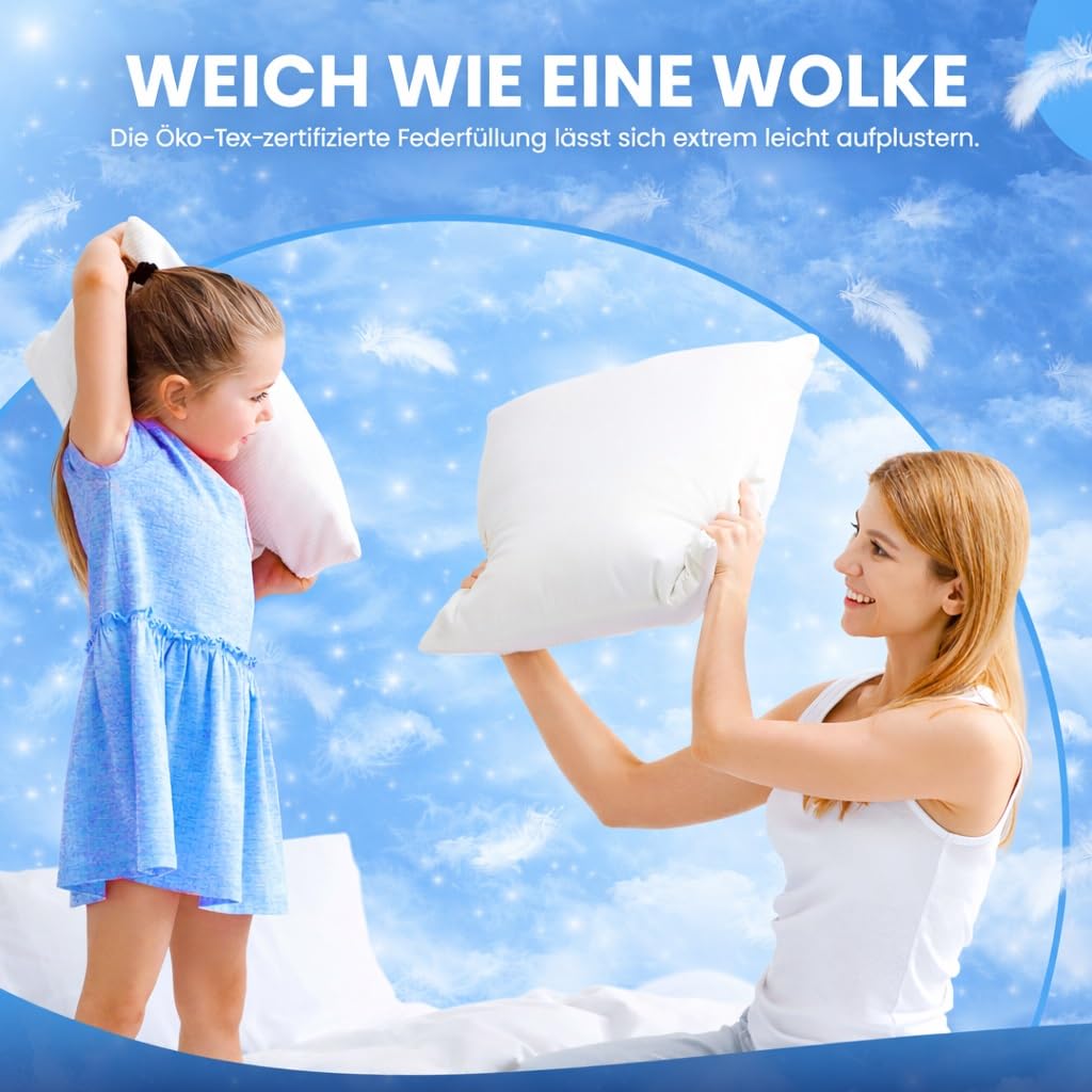 Federkissen 80x80 cm 2er Set - Kopfkissen 100% Federfüllung Bezug aus Baumwolle Oeko-Tex Zertifiziert 1200 g