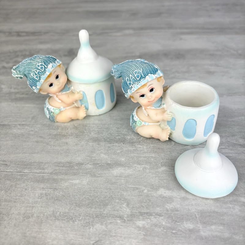 Artif Lot de 2 Contenants à dragées, Figurine Bébé garçon Bleu avec Son biberon, Boite en résine Hauteur 7,5 cm, baptême Baby Shower