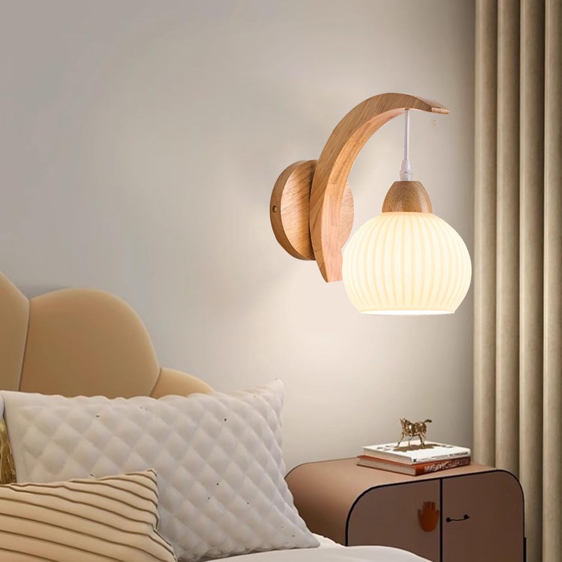 Applique Moderne con Paralume in Vetro, Stile Industriale, con Base in Legno, Ideali per Camera da Letto, Soggiorno, Scale, corridoi e soppalchi adibiti a Sala da Pranzo (Cachi)