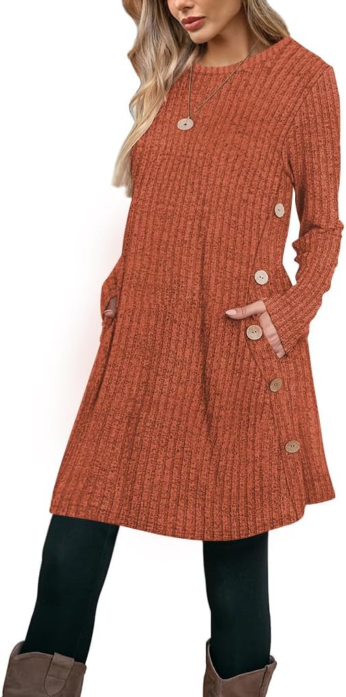 Poetsky Women Long Sleeve Tunic Tops to Wear with Leggings Side Buttons Long Shirts Rib Sweater Dress with Pockets S-3XL