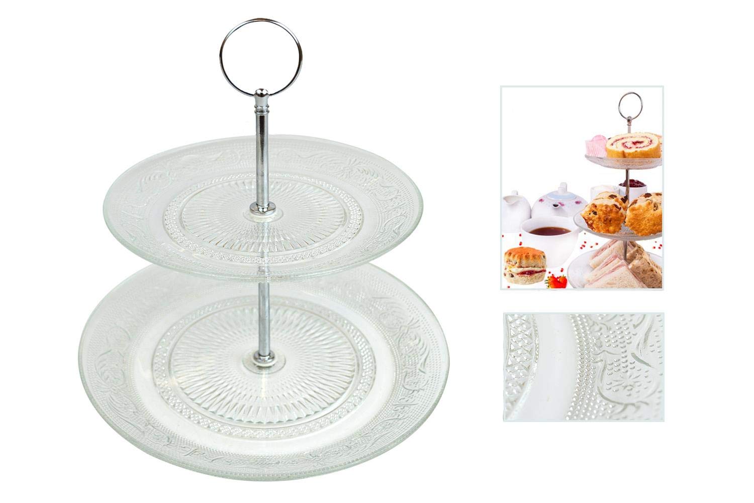 Yöl 2 Tier Cake Stand Glass Muffin Cupcake Embossed Afternoon Tea Serving Platter