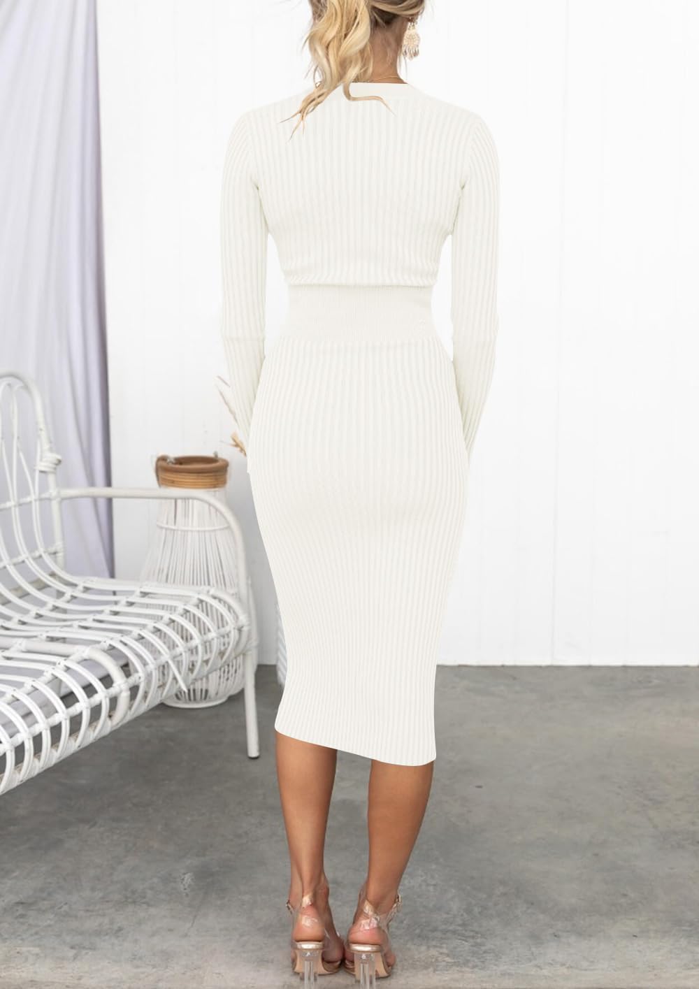 ZESICA Women's 2026 Spring Sweater Dress V Neck Long Sleeve Ribbed Knit Tie Waist Bodycon Slim Fit Midi Dresses - Image 5