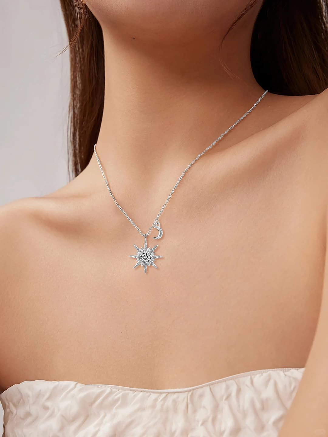 Yumilok Collar con colgante de moissanita en forma de sol y luna para mujer, plata de ley 925, delicado e hipoalergénico