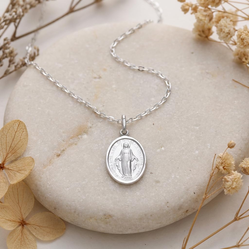 Alexander Castle Solide 925 Sterling Silber Wundertätige Medaille Katholische Halskette - 20mm x 15mm Wundertätige Medaille mit 18" 925 Sterling Silber Kette & Schmuck Geschenk-Box