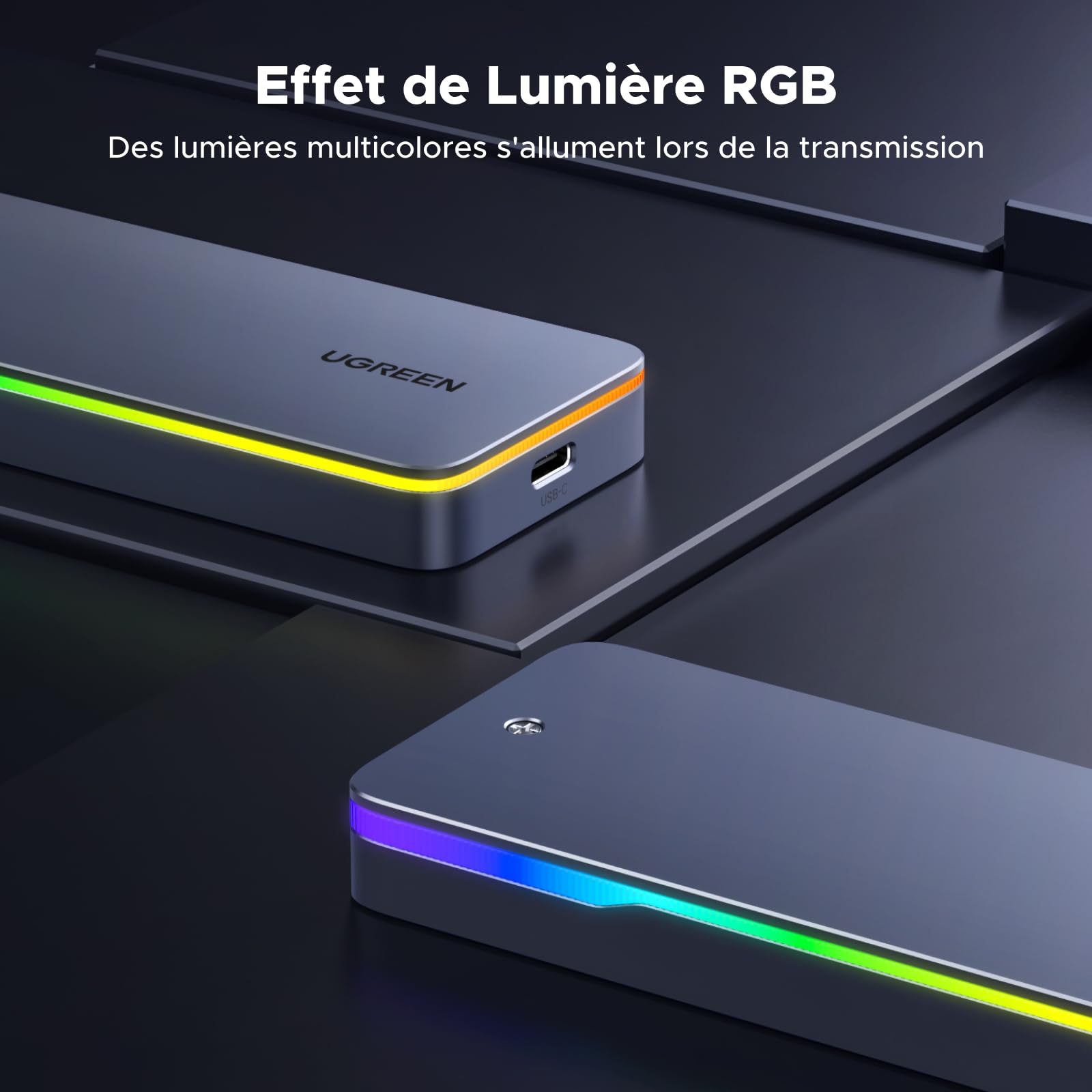 UGREEN Boîtier RGB M.2 NVMe SATA SSD USB C 3.2 Gen 2 20 Gbps M.2 SSD | pour NVMe SATA 2230 2242 2260 2280 Compatible avec iPhone 17 Pro Max Air Mac MacBook PC Windows Linux PS5 Xbox