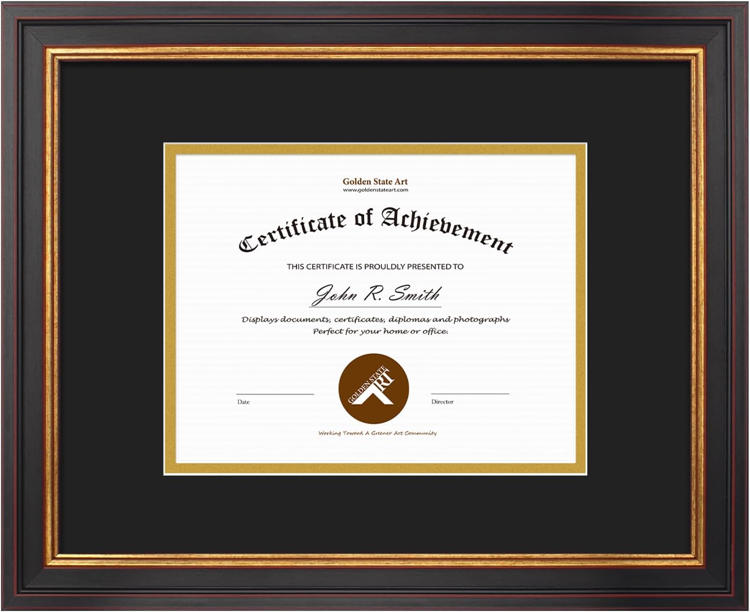 Golden State Art, 11x14 Document Frame for 7x9 Photos Diploma/Certificate, Wall Hang Frame, Black Gold & Burgundy Color, Includes Black Over Gold Double Mat and Real Glass (1-Pack)