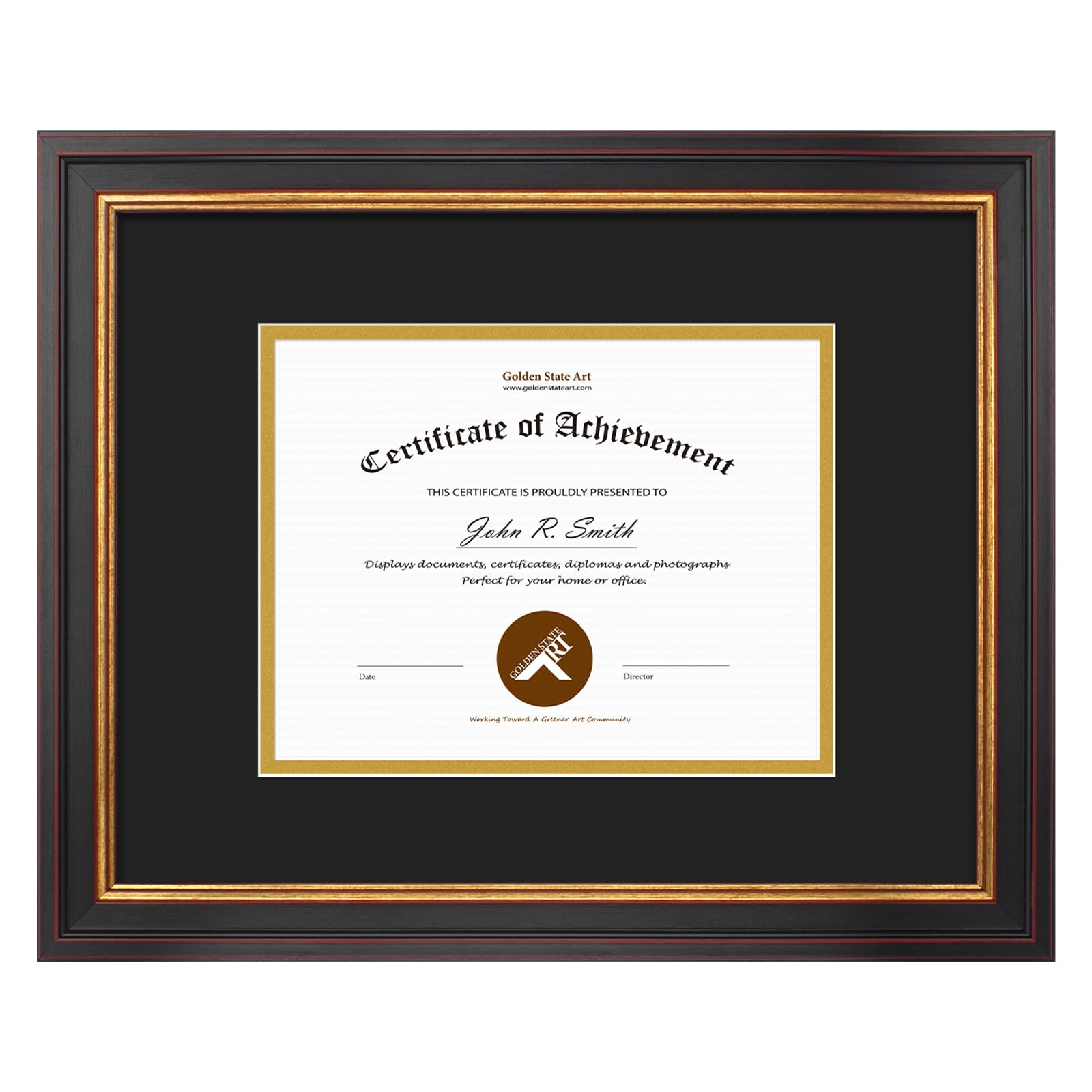 Golden State Art, 11x14 Document Frame for 7x9 Photos Diploma/Certificate, Wall Hang Frame, Black Gold & Burgundy Color, Includes Black Over Gold Double Mat and Real Glass (1-Pack)