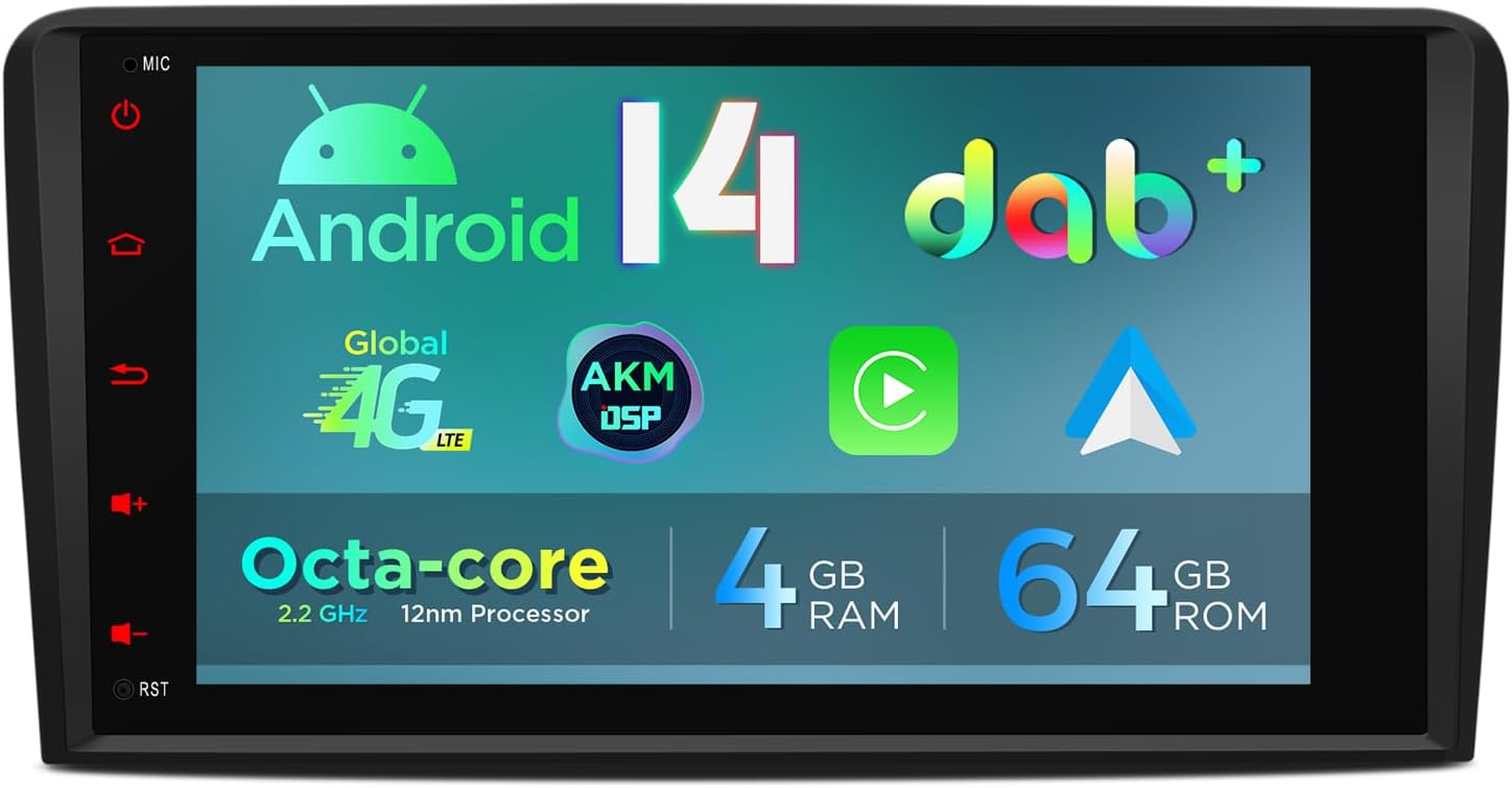 XTRONS 8" Android 14 DAB+ Radio Player for Audi A3 S3 RS3 8P, Octa Core 4+64GB Car Stereo, Support 4G AKM DSP 2K CarAutoPlay Auto IPS HD GPS Navigation Bluetooth 5.0 New UI Cooling System AHD Camera
