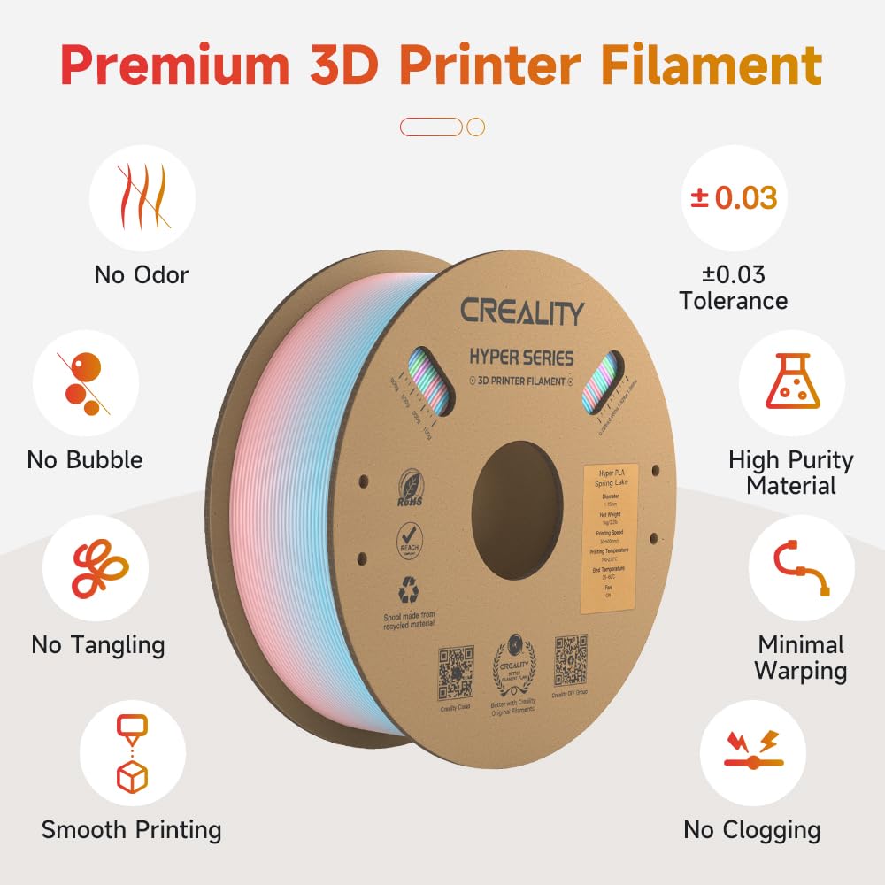 Creality Official Hyper PLA Filament Arcobaleno 1KG, Filamento per Stampanti 3D per la Stampa ad Alta Velocità, Durevole e Resistente, Liscio, Prestazioni a Sbalzo Precisione Dimensionale +/-0,03mm