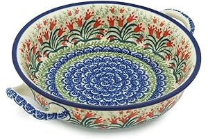 Handmade Boleslawiec Polish Pottery Round Baker with Crimson Bells Design