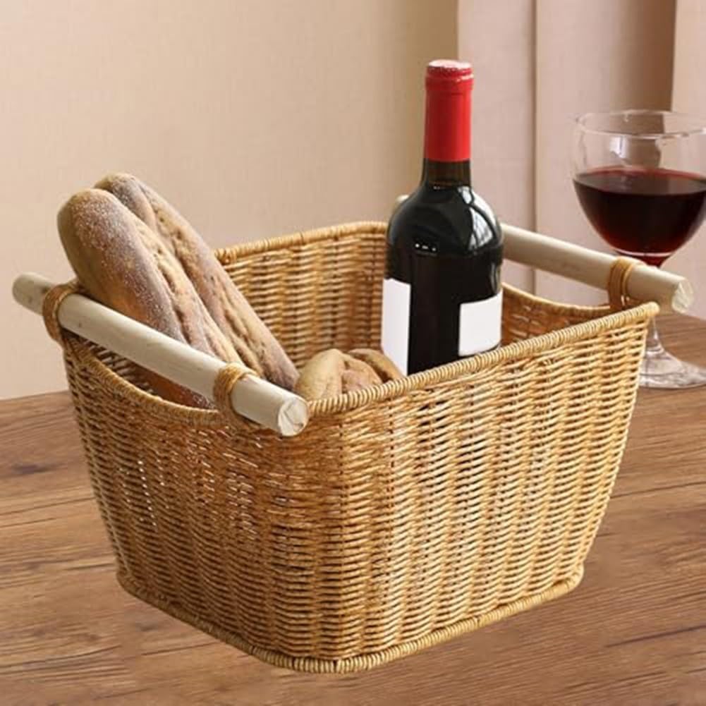 Cesta tejida retro con mango de madera, contenedor de almacenamiento de ratán sintético, para baño, cocina, bar, caja organizadora tejida a mano, para artículos de tocador y varios (4)