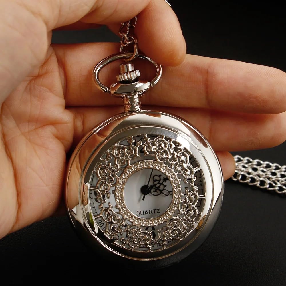 Reloj de Bolsillo Cuarzo con diseño Hueco Plata, Cadena Antigua Moda Vintage, Colgante, Temporizador, Regalo