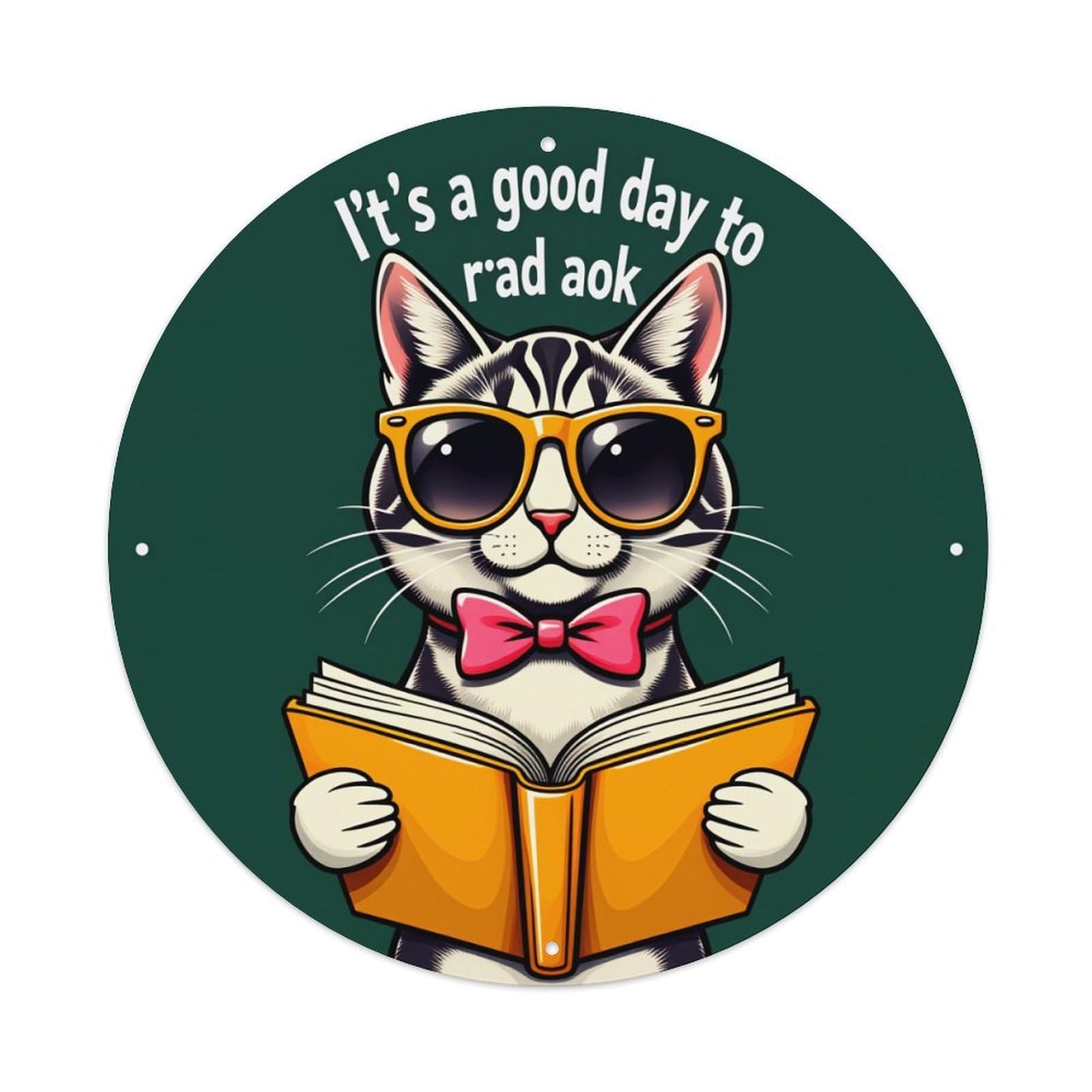 Lzwbntey Vintage Cat With Sunglasses Reading Book Metal Tin Sign Retro Wall Decor For Home Bar Garage Cafe, Indoor & Outdoor Decorative，Circle Metal Poster, 8X8 Inch