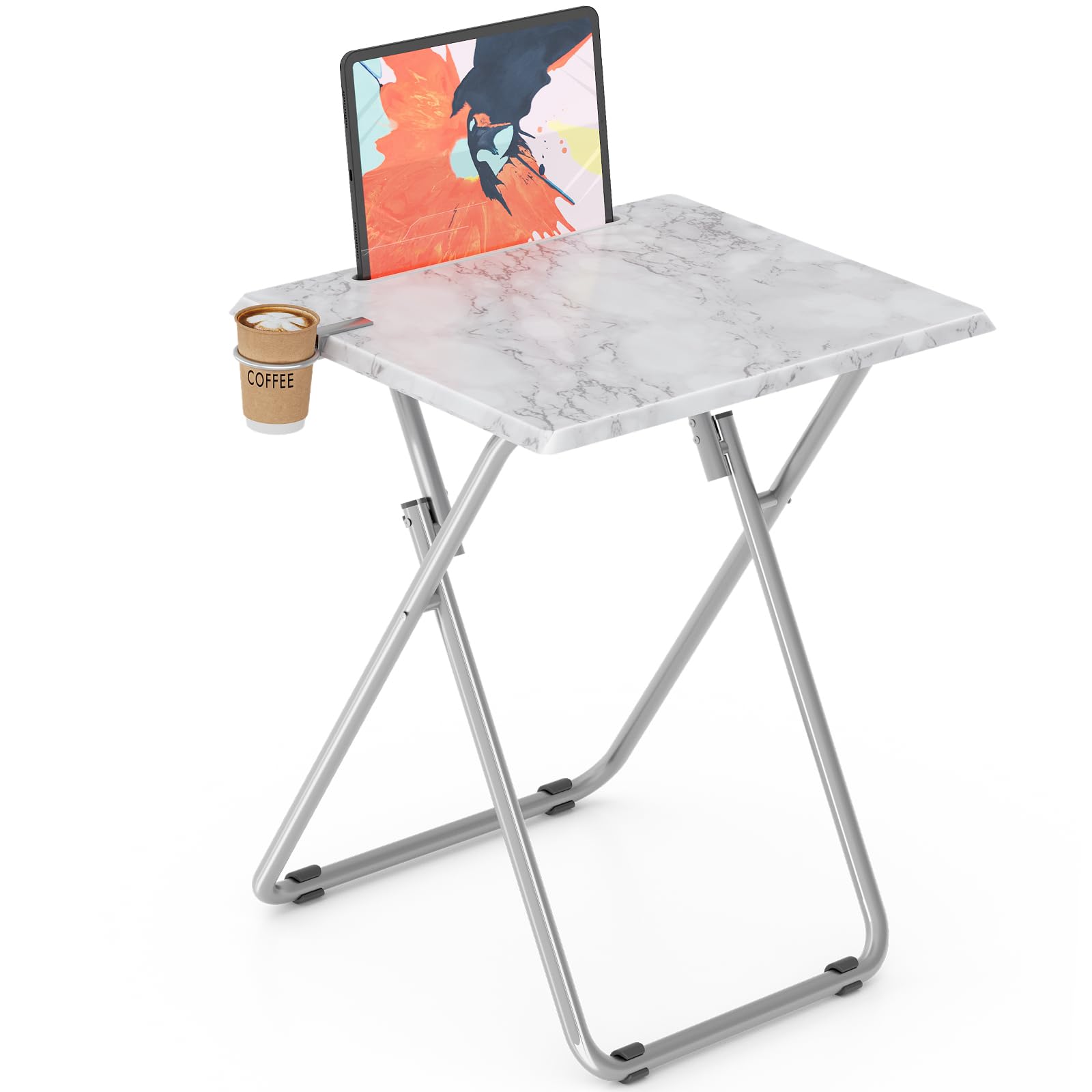 Folding TV Tray Tables, TV Dinner Trays for Eating, Portable Tv Trays with Cup Holder, Folding Tray Side Table, Foldable Snack Table for Bed, Sofa, (White Marble, 1PC)