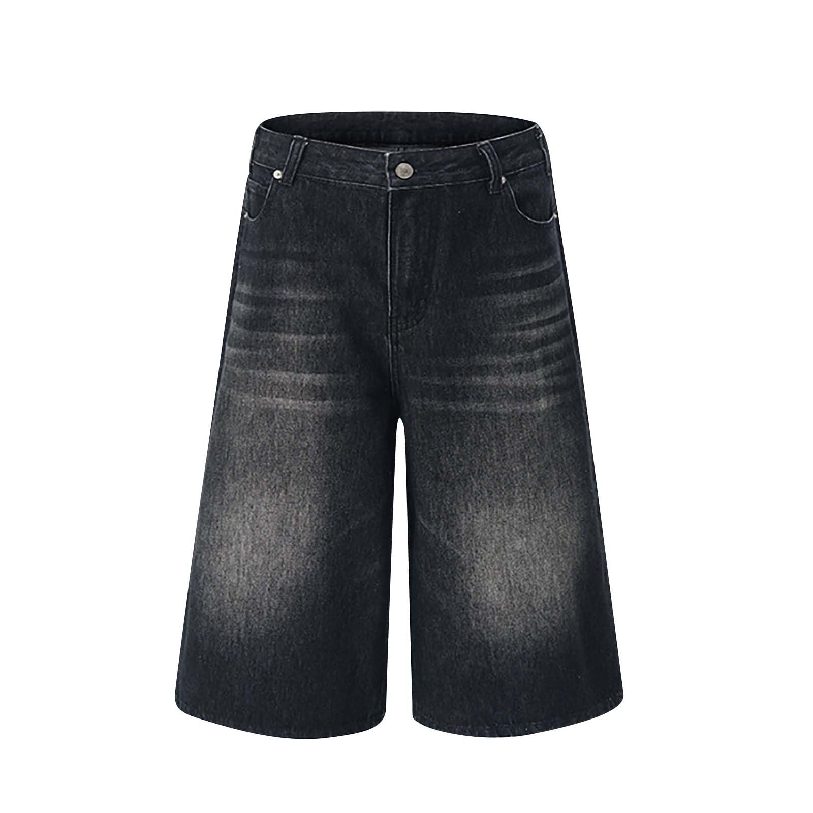 Cambkatl Knee Lenght Jean Shorts for Men Stylish Straight Wide Leg Summer Versatile Washed Casual Denim Shorts with Pockets