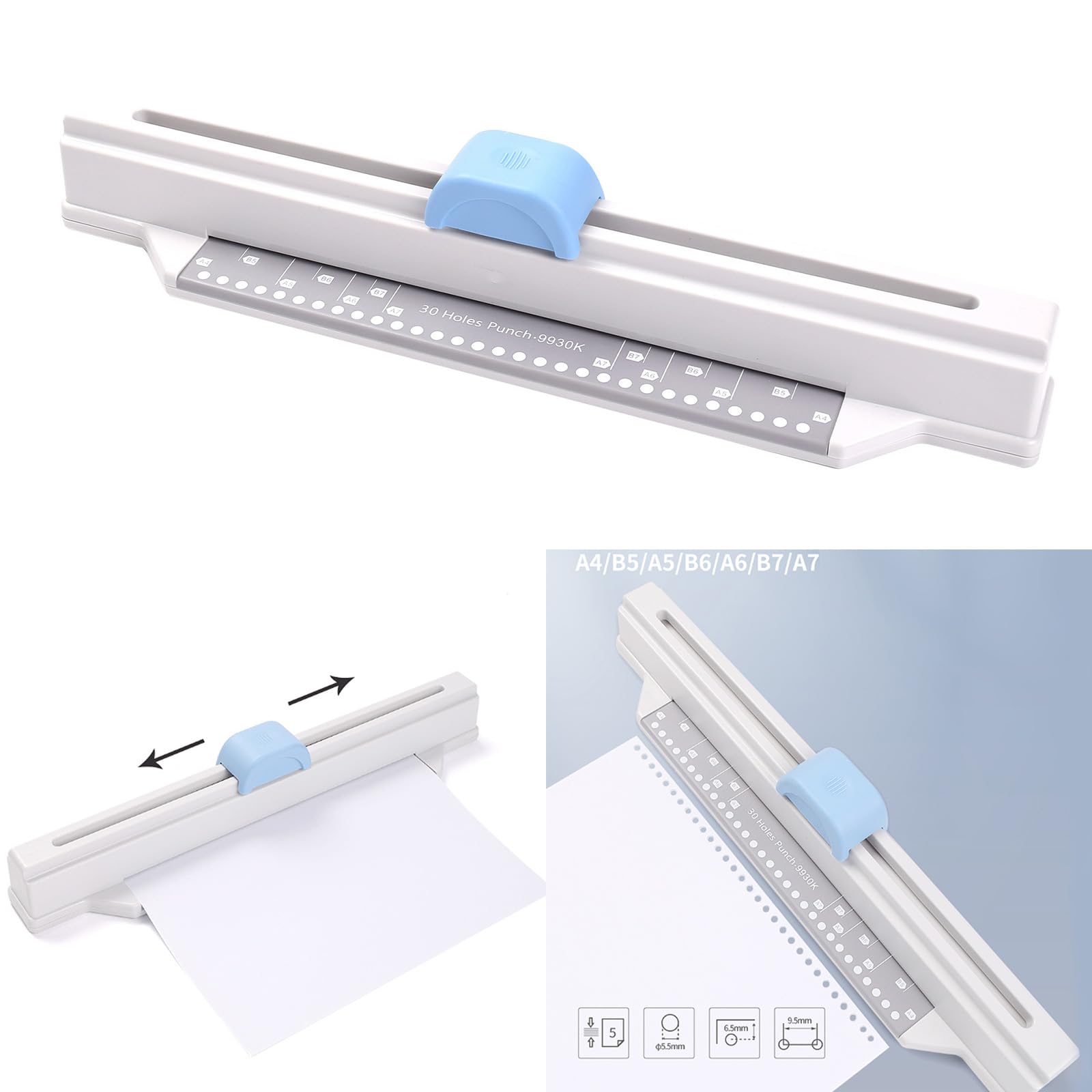 30 fori Punchersliding Punzonatrice di carta leggera Portatile Hand Hold Grande Capacità 5 fogli Carta Foro Portatile Hand Hold Binder