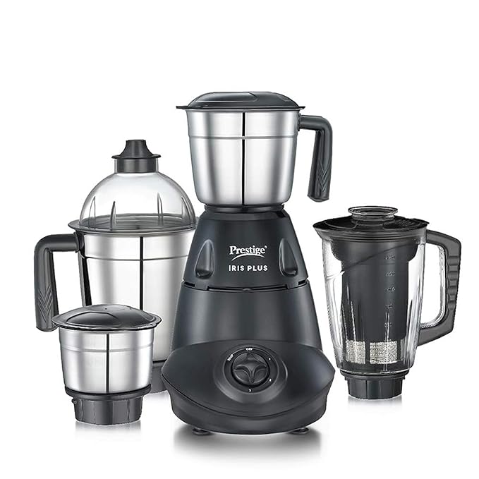 Prestige Iris Plus 750 W Mixer Grinder With 4 Jars (3 Stainless Steel Jars+ 1 Juicer Jar) 4 Super Efficient Stainless Blades 2 Years Warranty Black, 750 watts