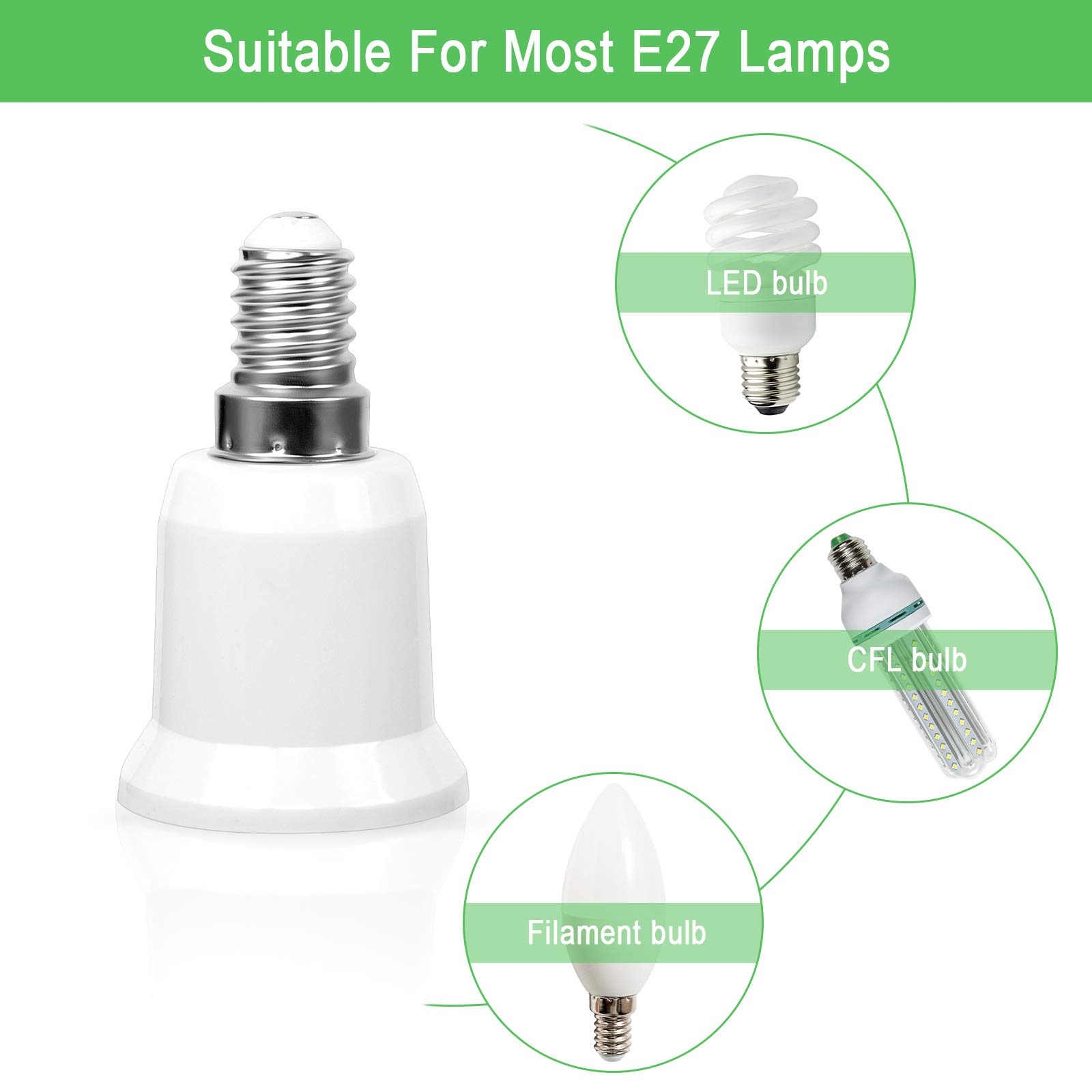 Adattatore Da E14 A E27 - 5 Pezzi, Convertitore Per Lampadine LED E CFL, Bianco, Fino A 80W