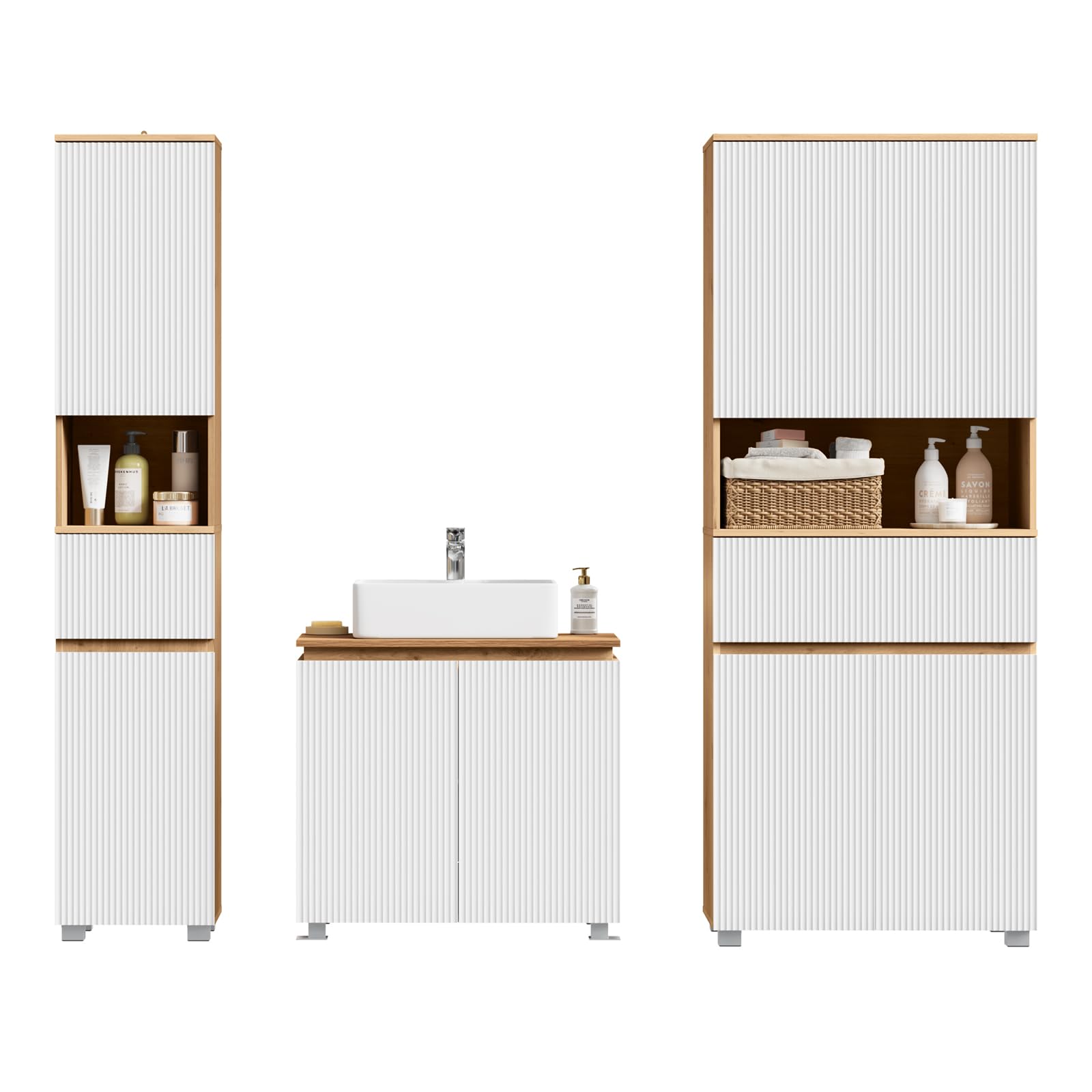 EUGAD Mueble de Baño, Armario de Baño Alto con 2 Compartimentos con Puerta, 1 Abierto, 1 Cajón y Estantes Ajustables, 35 x 30 x 176,5 cm, Madera de Ingeniería, para Espacios Reducidos, Blanco + Roble