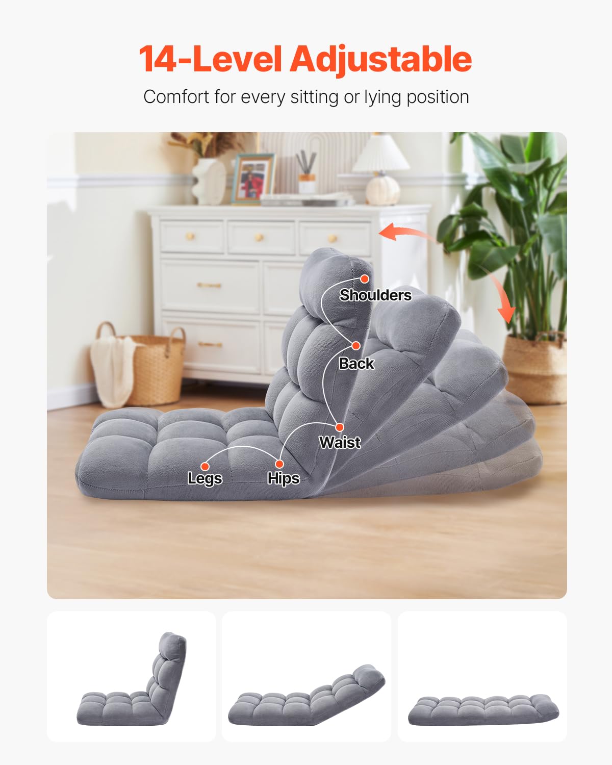 VEVOR Bodenstuhl Klappsofa aus Recyclingschaum mit 14 einstellbaren Positionen, multifunktionaler Bodentuhl mit Rückenlehne, ideal zum Schlafen & Lesen, Boden-Gamingstuhl für Kinder, grau