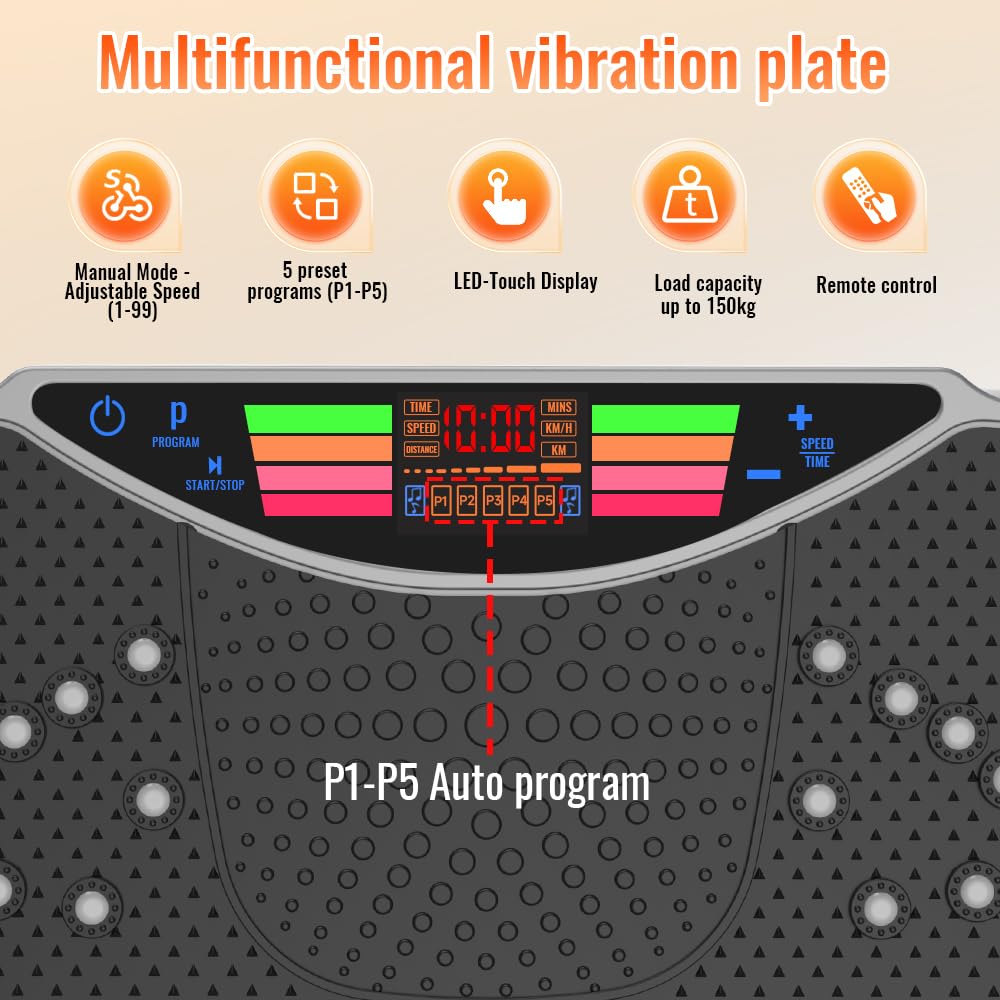 Vibrationsplatte, Rüttelplatte Sport für Zuhause, Vibrationsboard mit 150kg Belastbarkeit, 99 Stufen, Kompaktes Design mit Leisem Motor, Trainingsbänder, Vibrationsplatte für Frauen und Männer