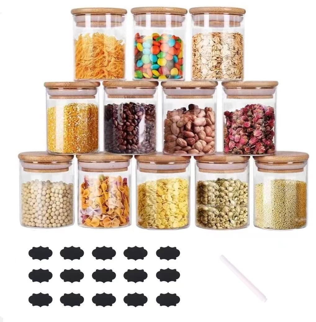 200ml Clear Glass Food Storage Containers Set Airtight Bamboo Lids,12 Piece Glass Food Storage Containers Set,Stackable Glass Jar for Cereal Nuts, Coffee Storage,BPA-Free