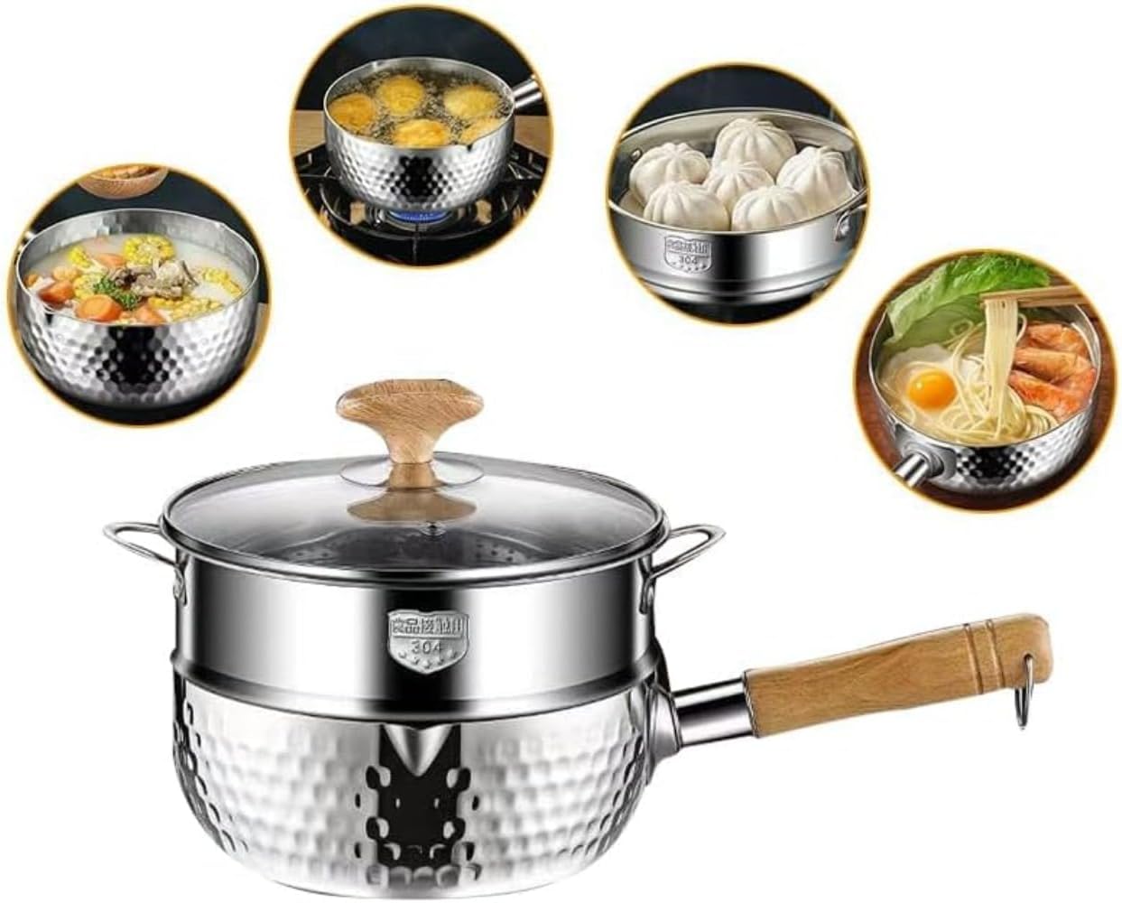 雪平鍋 ガス火・IH対応 ステンレス 強化ガラス蓋付 二段蒸し器 蒸し料理 両側注ぎ口 片手鍋 目安目盛り付き お手入れ簡単3層鋼