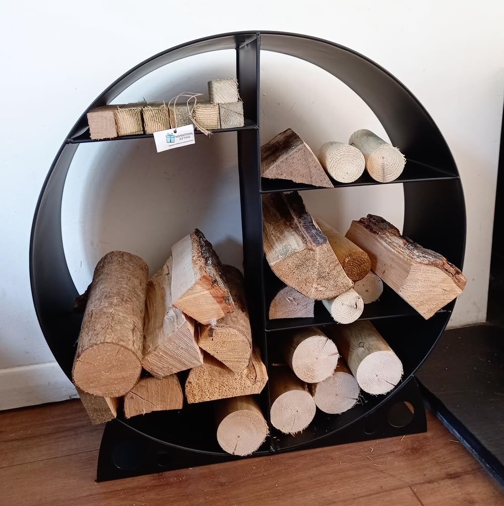 Inspirational Gifting 60cm round log store or shelving unit made from steel - available in a rust or black finish - lovely contemporary centre piece for any home! (Black)
