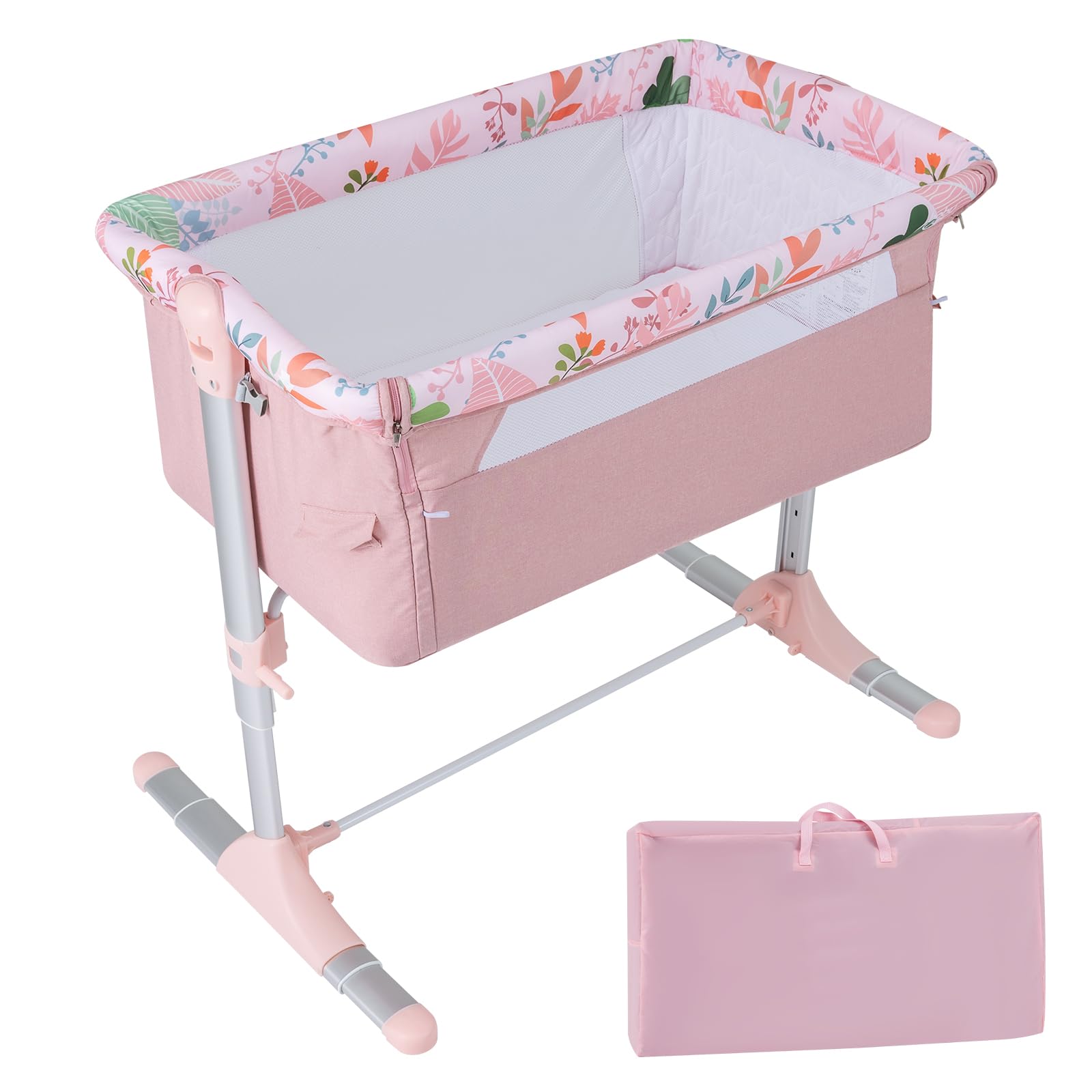 Maxmass Baby Bedside Crib with Adjustable Height, Mattress, Carry Bag, Infants Bedside Sleeper Co-Sleeping Baby Cot Toddler Bed Bassinet for 0-5 Months Old (Pink)