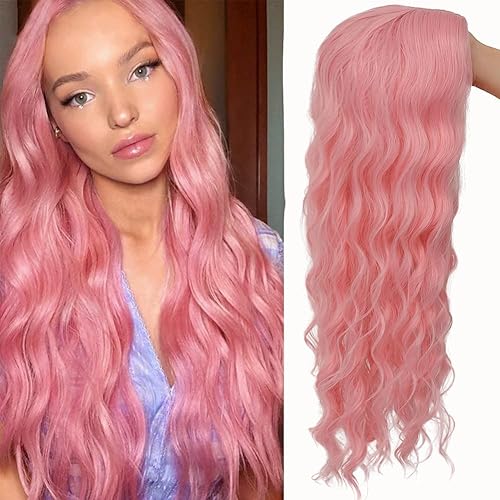 Kaneles Pelucas largas rizadas rosas para mujer peluca ondulada pelo de partición media pelucas sintéticas de aspecto natural para Halloween cosplay