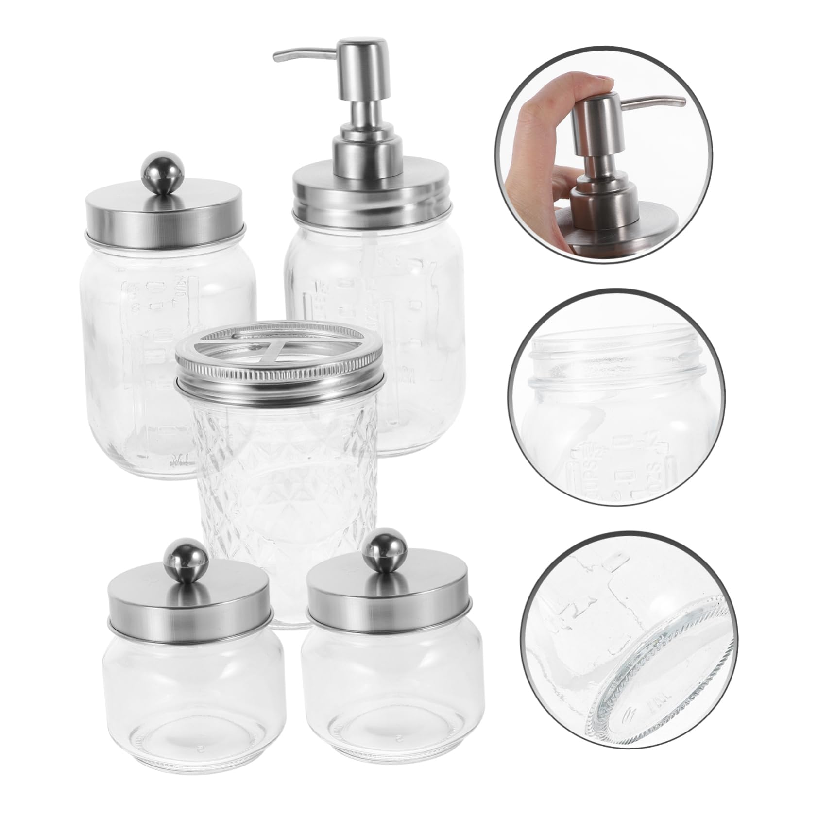 Zerodeko Badezimmer Accessoires Satz mit Wattestäbchenbehälter Zahnbürstenhalter und Seifenspender aus Glas Abs und Edelstahl für Geordnete Aufbewahrung im Bad | Seifenspender mit Schaumfunktion, Zahnbürstenhalter und 3 Vorratsgläser, Tragbar für Bad