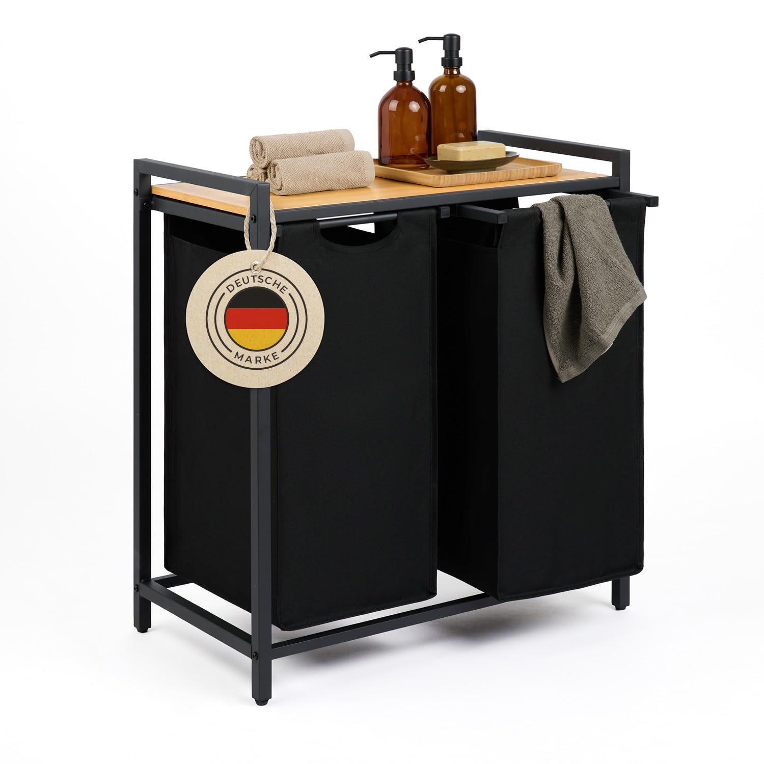 Blumtal Wäschesammler 2 Fächer Schwarz - Wäschekorb mit Ablage in Bambus-Optik - Wäscheschrank mit Metall-Rahmen in Schwarz - Wäschekorb mit Beinen - Wäschesortierer 2 Fächer/Schmutzwäschebehälter