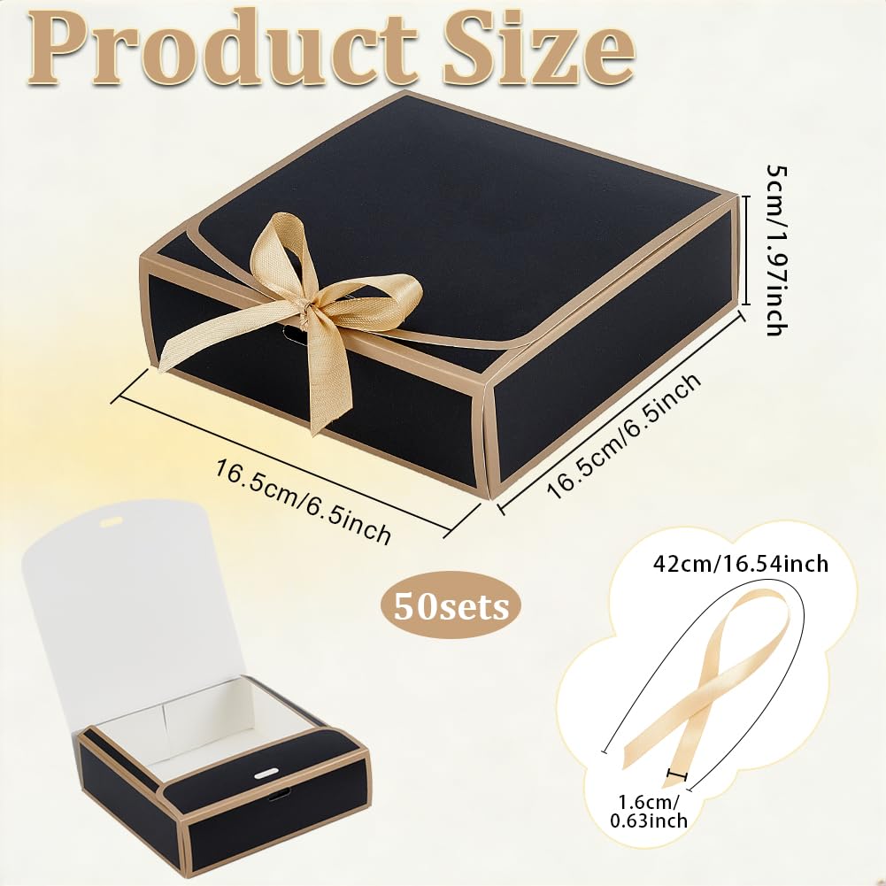 OLYCRAFT 50pz Scatole Regalo Piccole 16.5x16.5x5cm Scatola Regalo Nere con Nastro Scatole Regali con Foglia Oro Scatola Regali con Coperchio per Compleanno Matrimonio Festa della Mamma