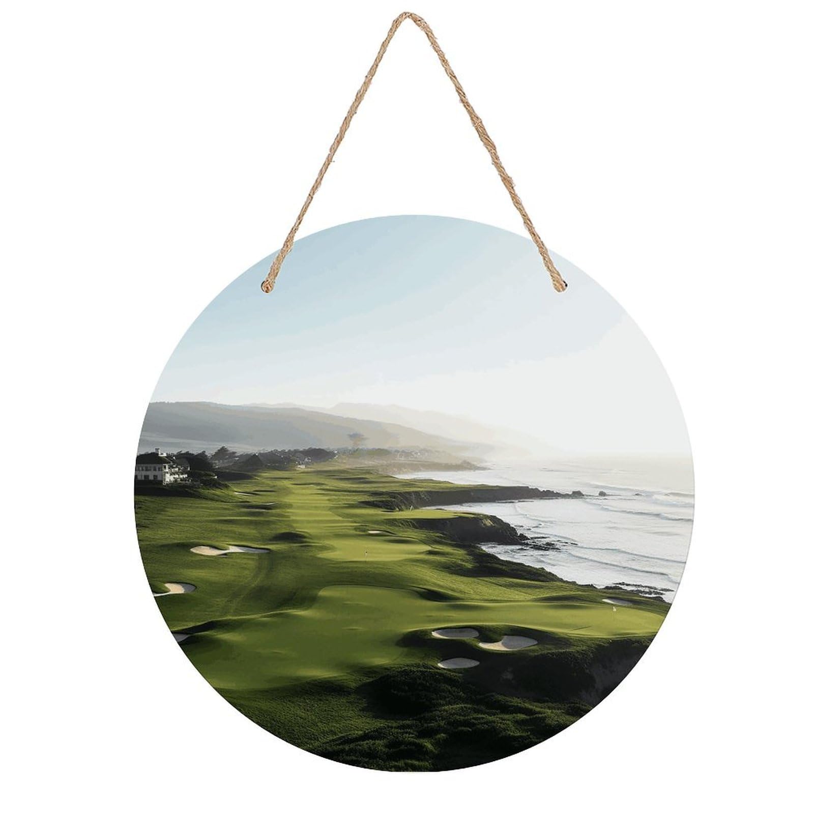 Adfgyerh Style Seaside Golf Course Room Decor，Round Wooden Board Painting，Wall Art，Easy To Hang，Wall Decor ，Suitable For Homes, Offices, Holidays, Bars, Cafes, And Other Venues.