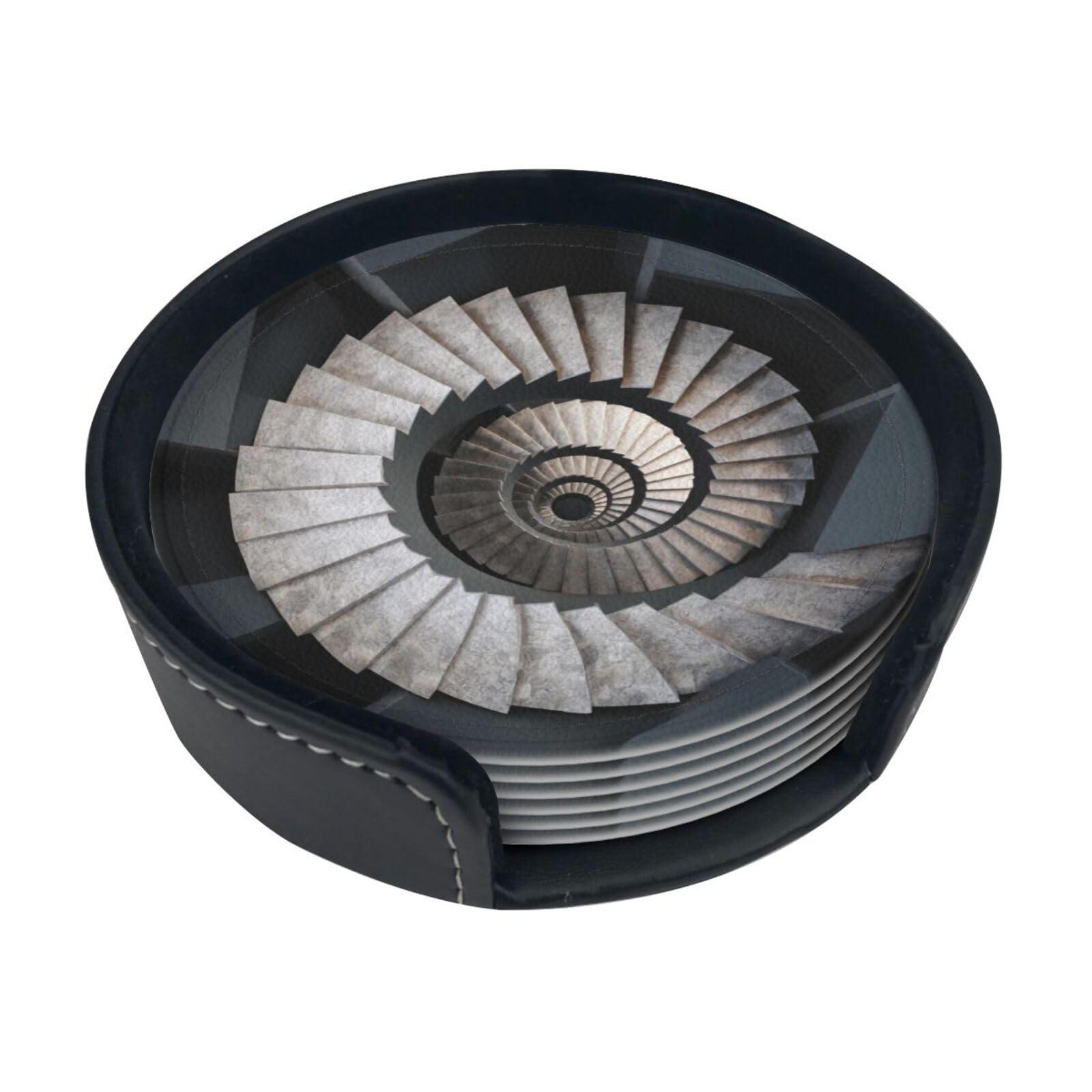 Spiral staircase Leather Coasters-Set of 6 with Storage Holder