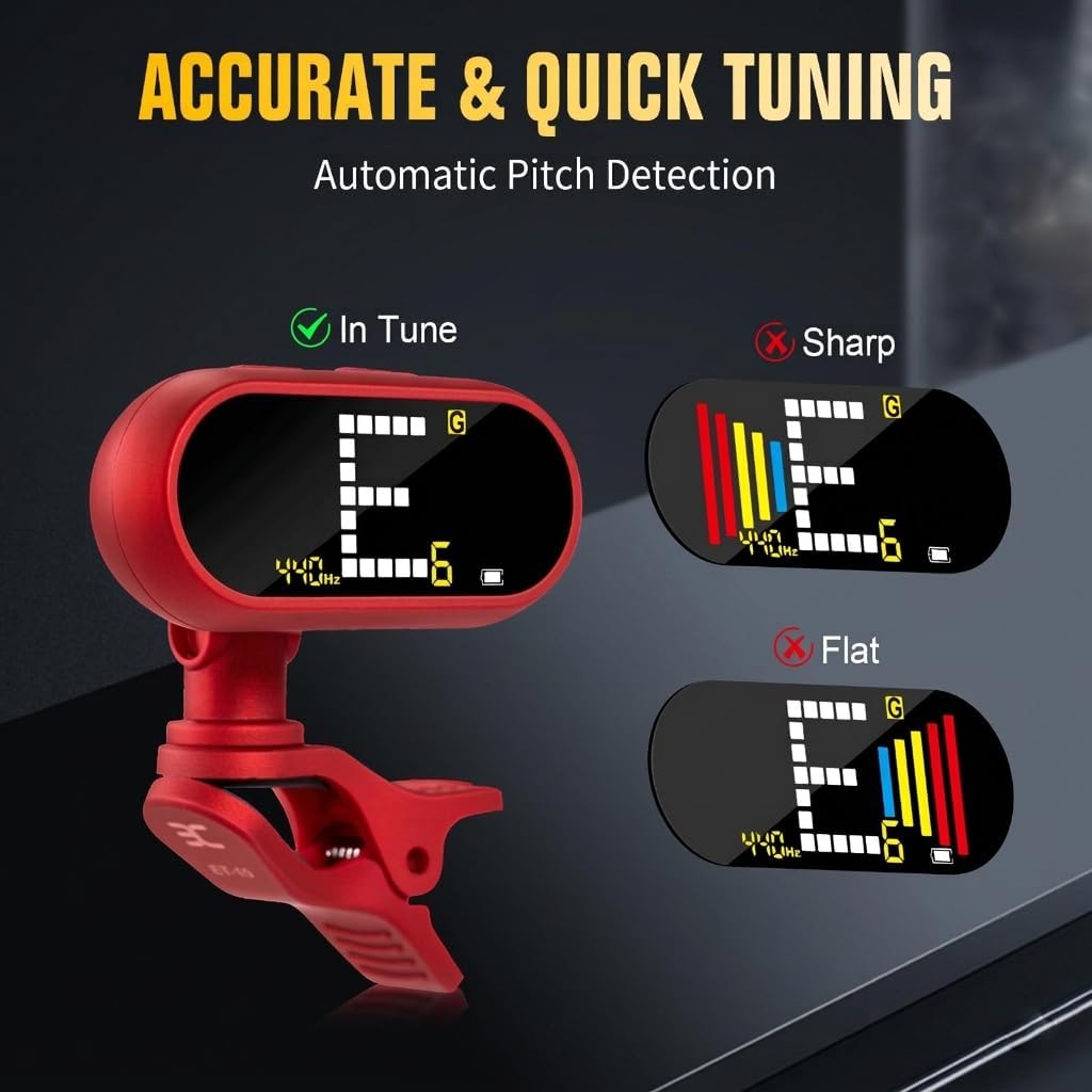 EX Professional Rechargeable Guitar Tuner Clip On, Accurate & Fast Tuner with Color LCD for Acoustic/Electric Guitar, Bass Guitar, Ukulele, Violin & Chromatic, Red