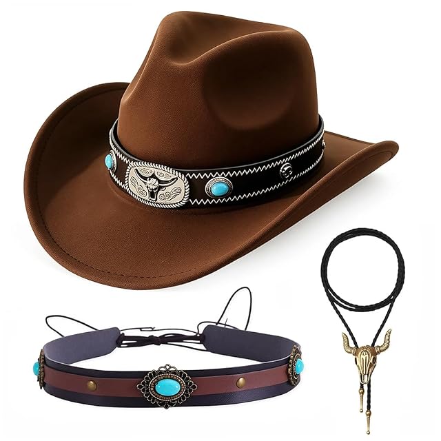 Juego de sombrero de vaquero para adultos, kit de vaquera occidental con decoración de cabeza de toro