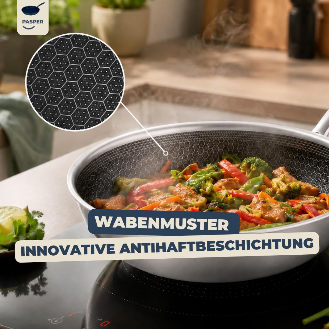 Pasper Patelnia wok Ø 28 cm – nie zawiera PFAS – indukcja, elektryczna, ceramiczna, gazowa i piekarnik – patelnia ze stali nierdzewnej z odporną na zarysowania powłoką zapobiegającą przywieraniu o