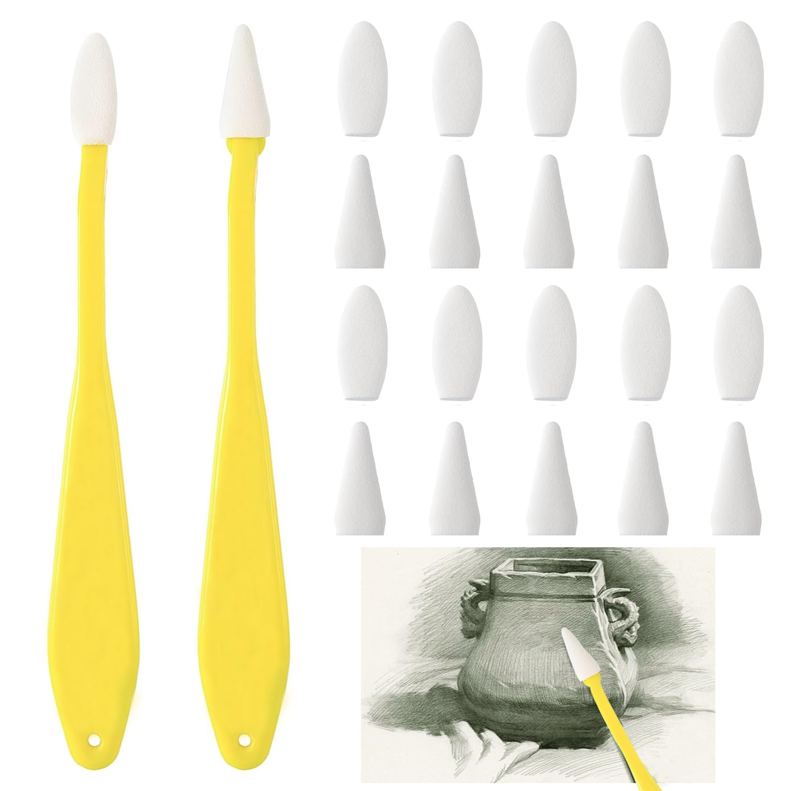 Difuminadores para Dibujo, 2 Cuchillos de Dibujo, Difuminador de 2 Estilos Diferentes, Difuminos para Dibujo, 10 Esponjas Redondas y Otras TantasPuntiagudas, para Dibujar y Esbozar (Amarillo)