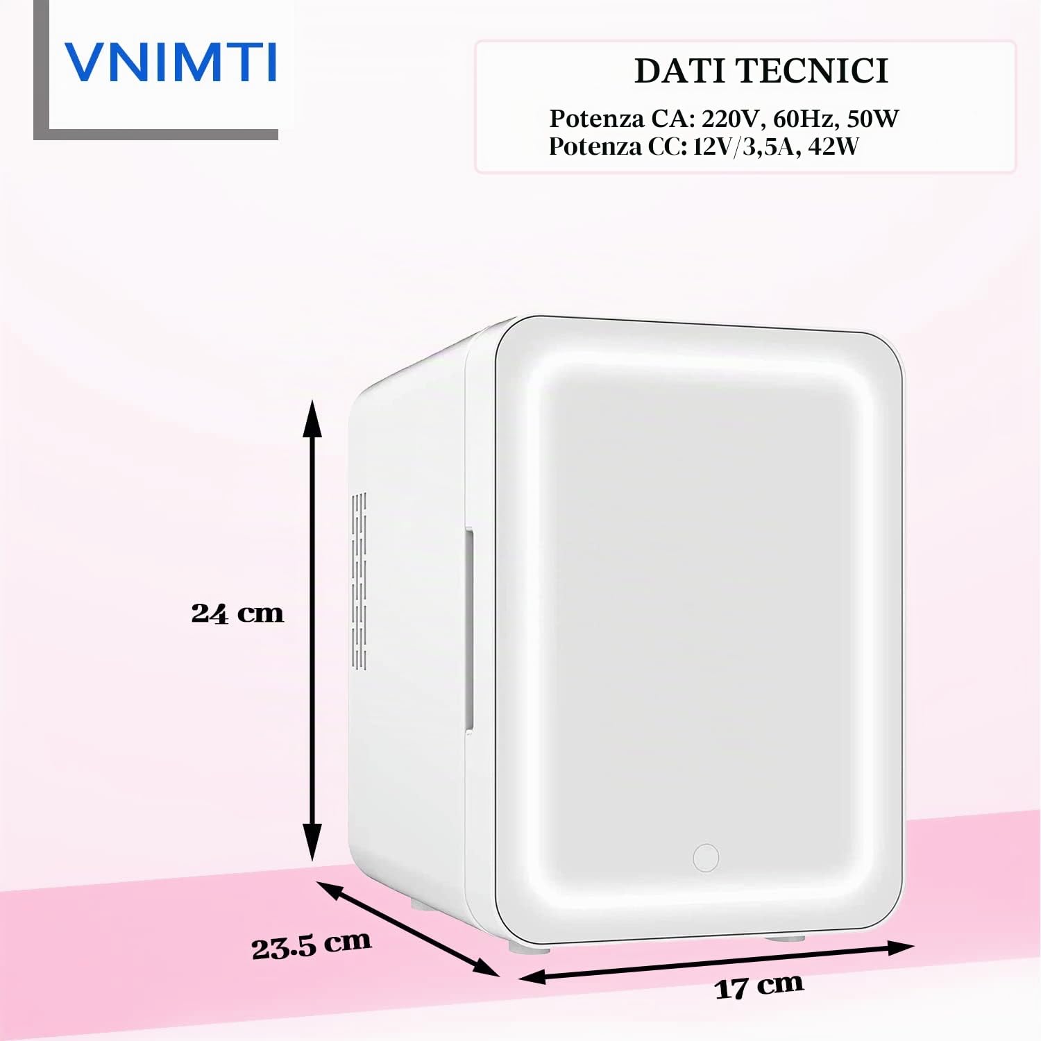 VNIMTI Mini Frigo da Camera 4L, Piccolo Frigorifero Portatile con Specchio LED, Raffreddamento e Riscaldamento, 12V/ 220V, Mini Frigorifero Skincare per Auto, Camera da Letto, Ufficio (Bianco-4L)