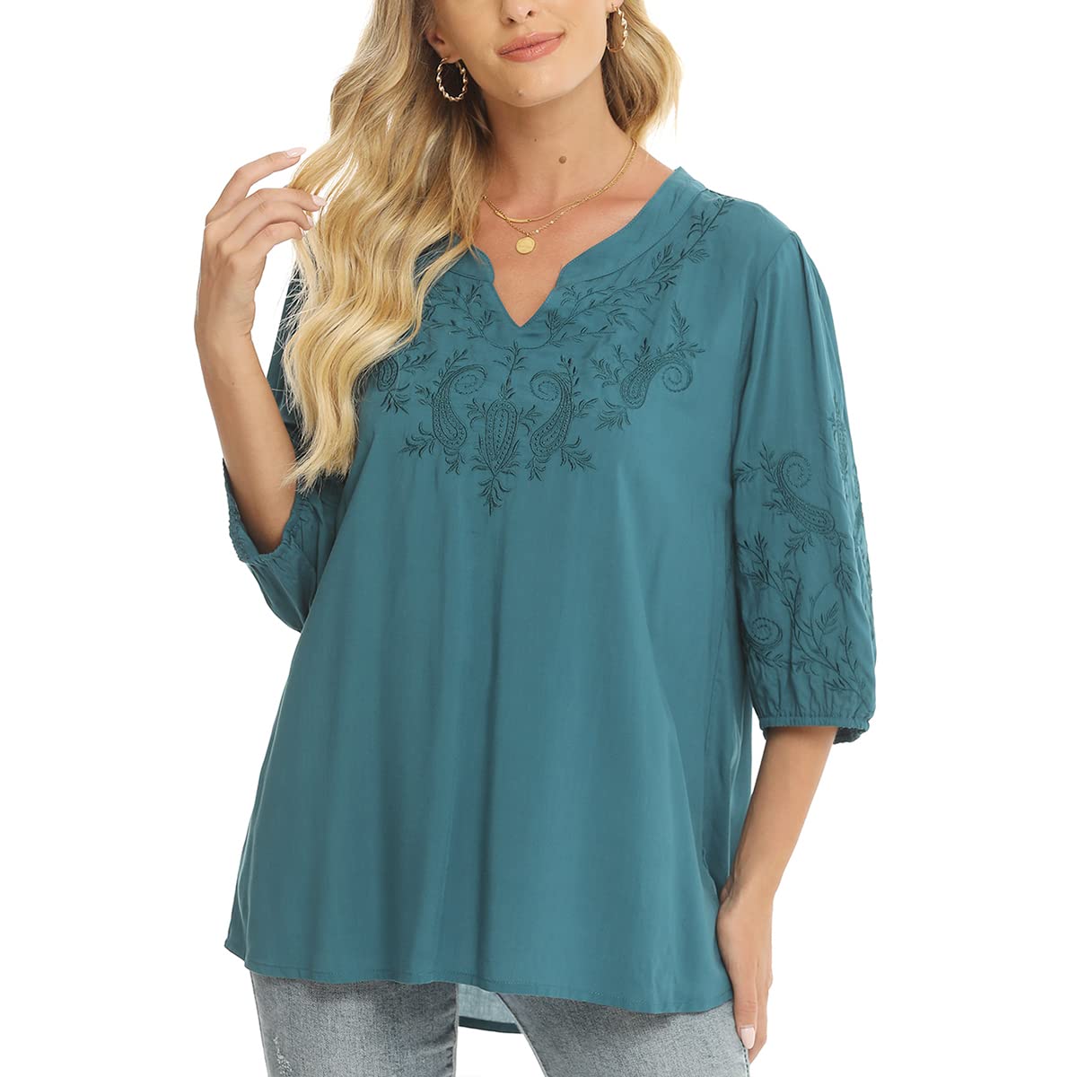 LauraKlein Blusas de verano para las mujeres Boho camisa blanca manga 3/4 bordado Top para Mexicano Floral Western wear, Azul / Patchwork, Small