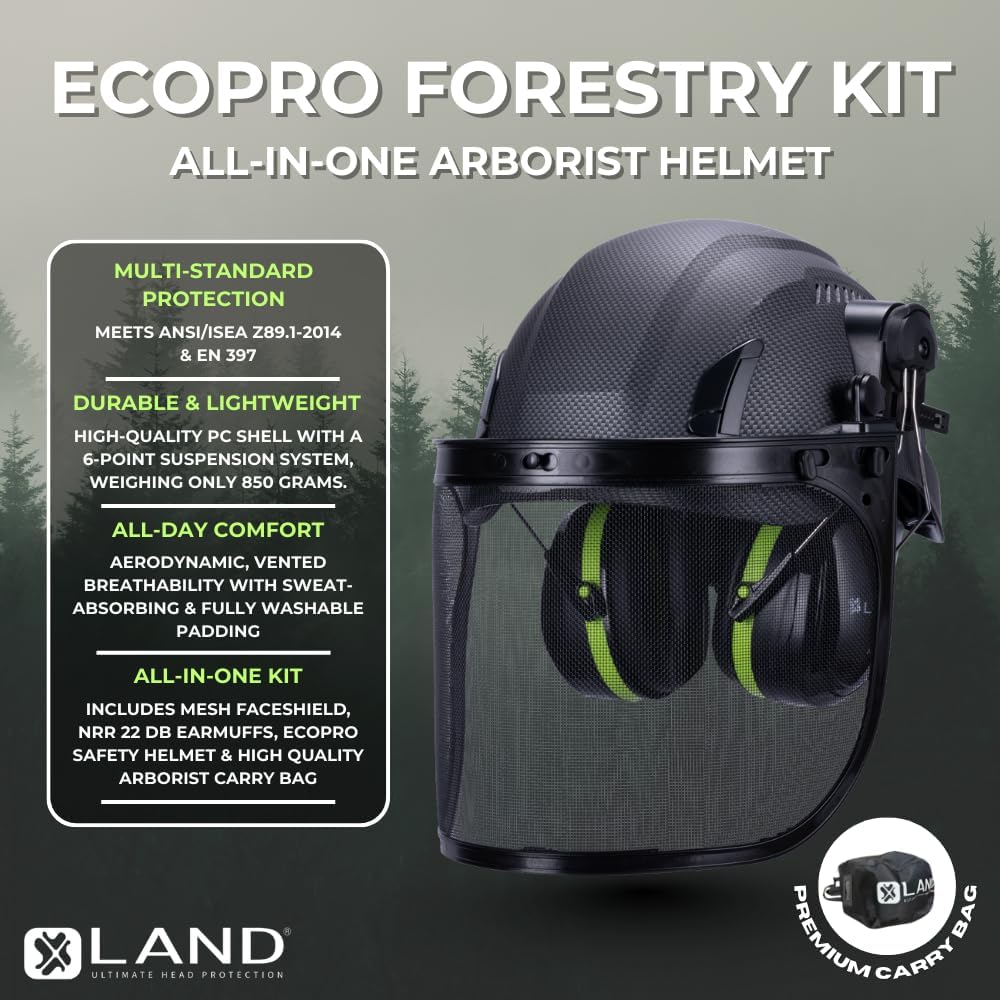 Land Helmets EcoPro Forestry Kit - ANSI Z89.1 Type I Class C Vented - Forestry Helmet Kit with Faceshield & Earmuffs - 3 in 1 Helmet Kit - Ideal for Arborists
