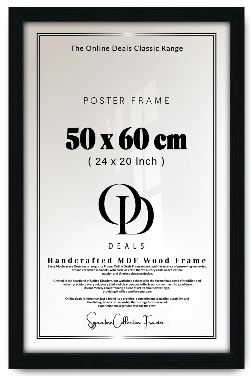 OD Deals Black MDF Picture Frame – 50x60 cm | Flat MDF Profile, Shatter-Resistant Perspex, Secure Metal Clips, Sawtooth Hangers, Horizontal & Vertical Wall Mount