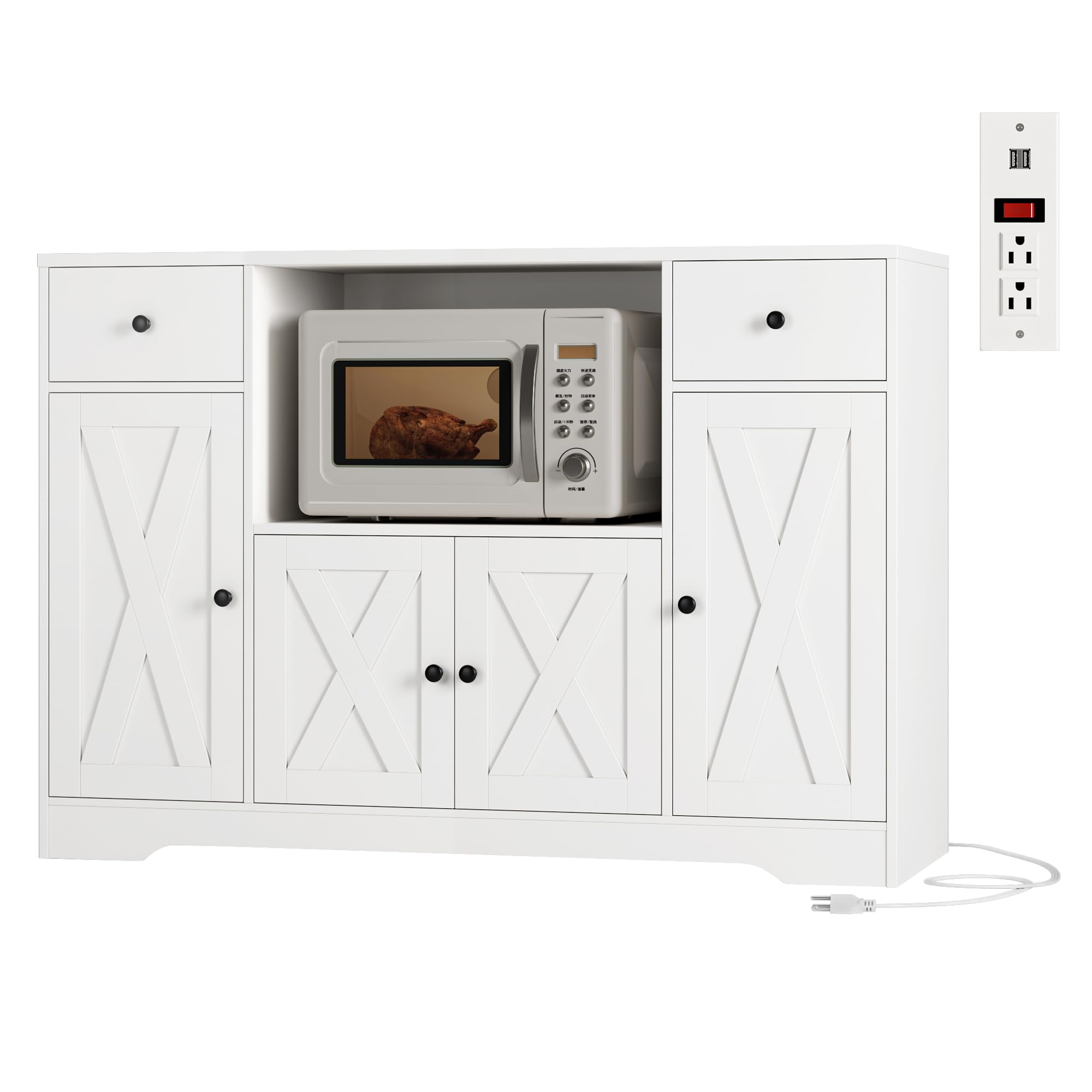 HOSTACK Microwave Cabinet with Charging Station, 47" W Kitchen Storage Cabinet with Microwave Stand, Modern Farmhouse Buffet Sideboard with Drawers