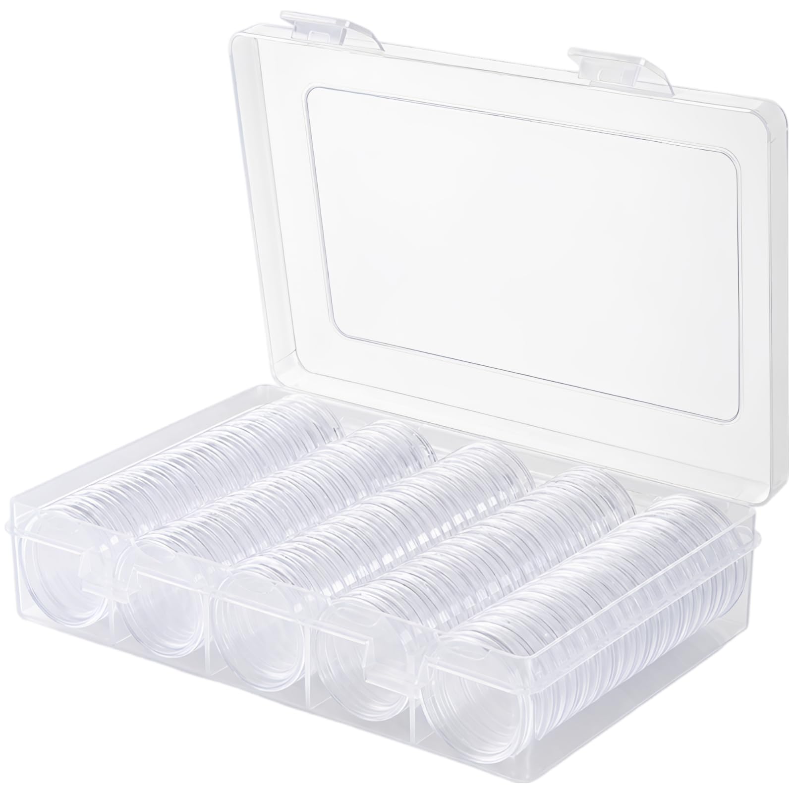 100 unidades de fundas para monedas coleccionables, cápsulas transparentes con almohadillas ajustables de 19 a 30 mm, caja de almacenamiento con apertura en forma de media luna para clasificar monedas